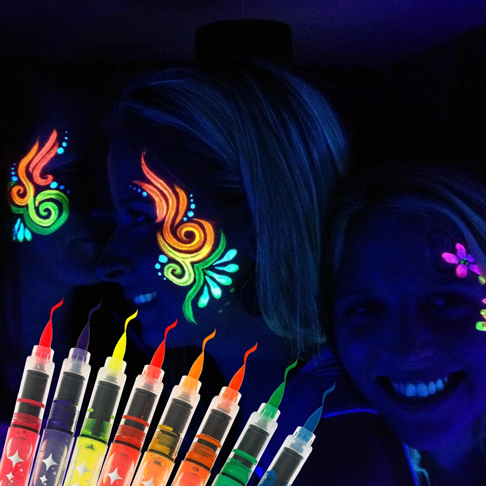 Glow in the Dark Face Paint Marker,8Pcs Neon Face Paint Pens Sweatproof Body Painting Kit Glow Under Black Light,Washable Temporary Tattoo Marker for Party Festival Accessories Halloween Makeup