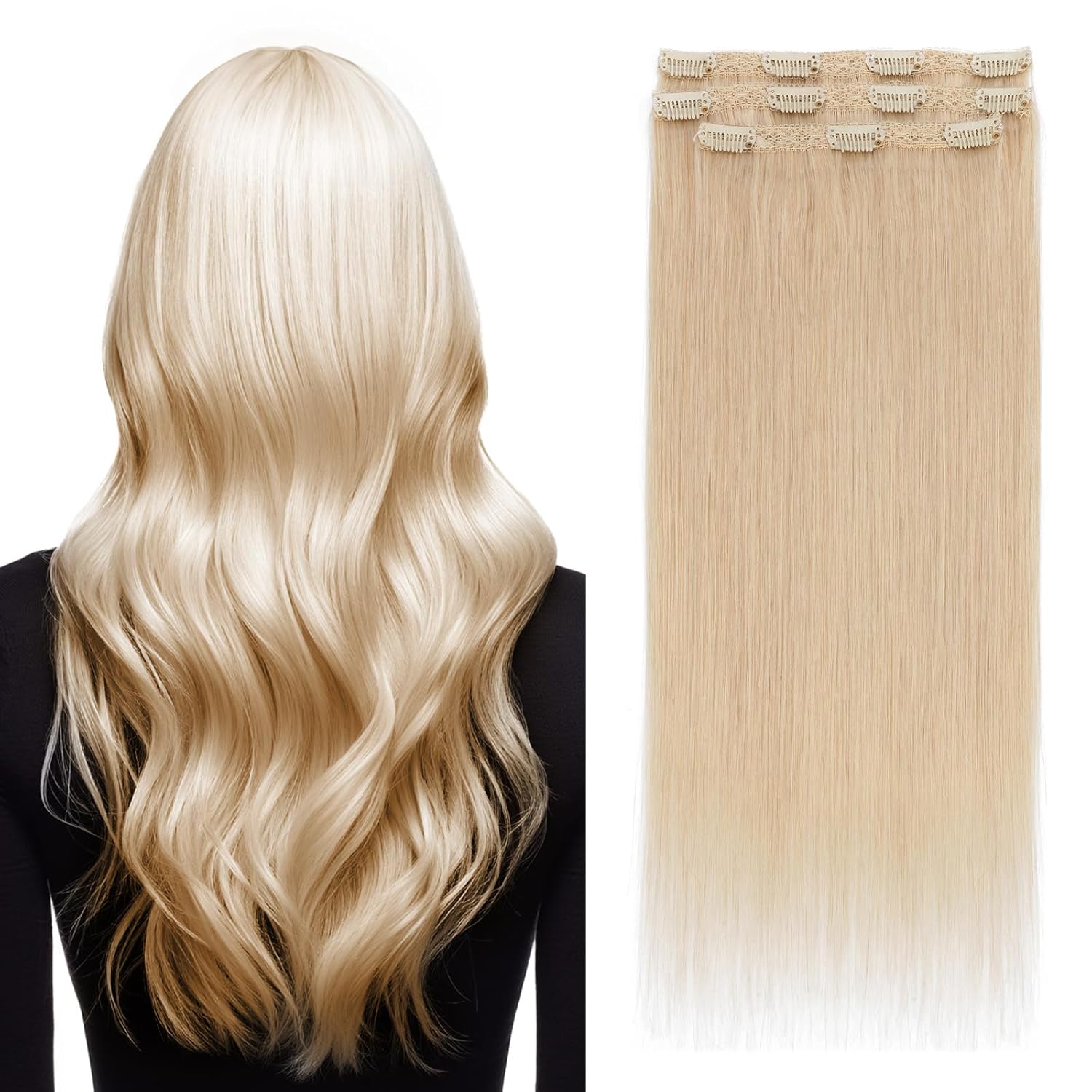 Elailite Clip in Hair Extensions Real Human Hair 3PCS Lace Weft Remy Hairpieces for Women 18 Inch 80g Platinum Blonde