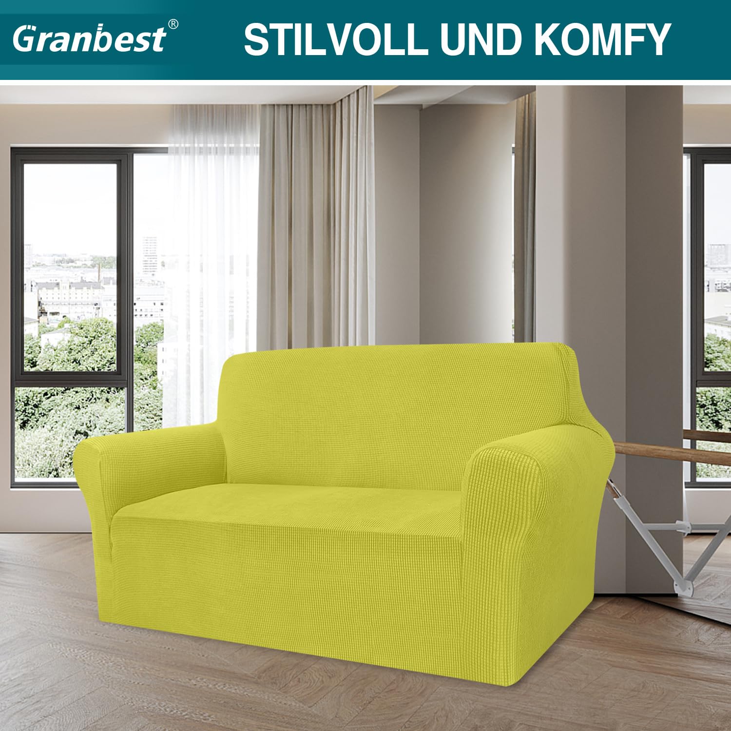 Granbest, Copridivano altamente elasticizzato, moderno, jacquard, per soggiorno, funge da protezione per cani e animali domestici, 2 posti, giallo