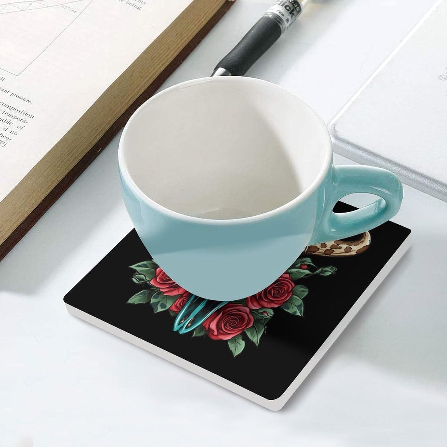 Rose Bull Skull Coasters for Drinks Square Table Coasters Set Cup Mats with Cork Base