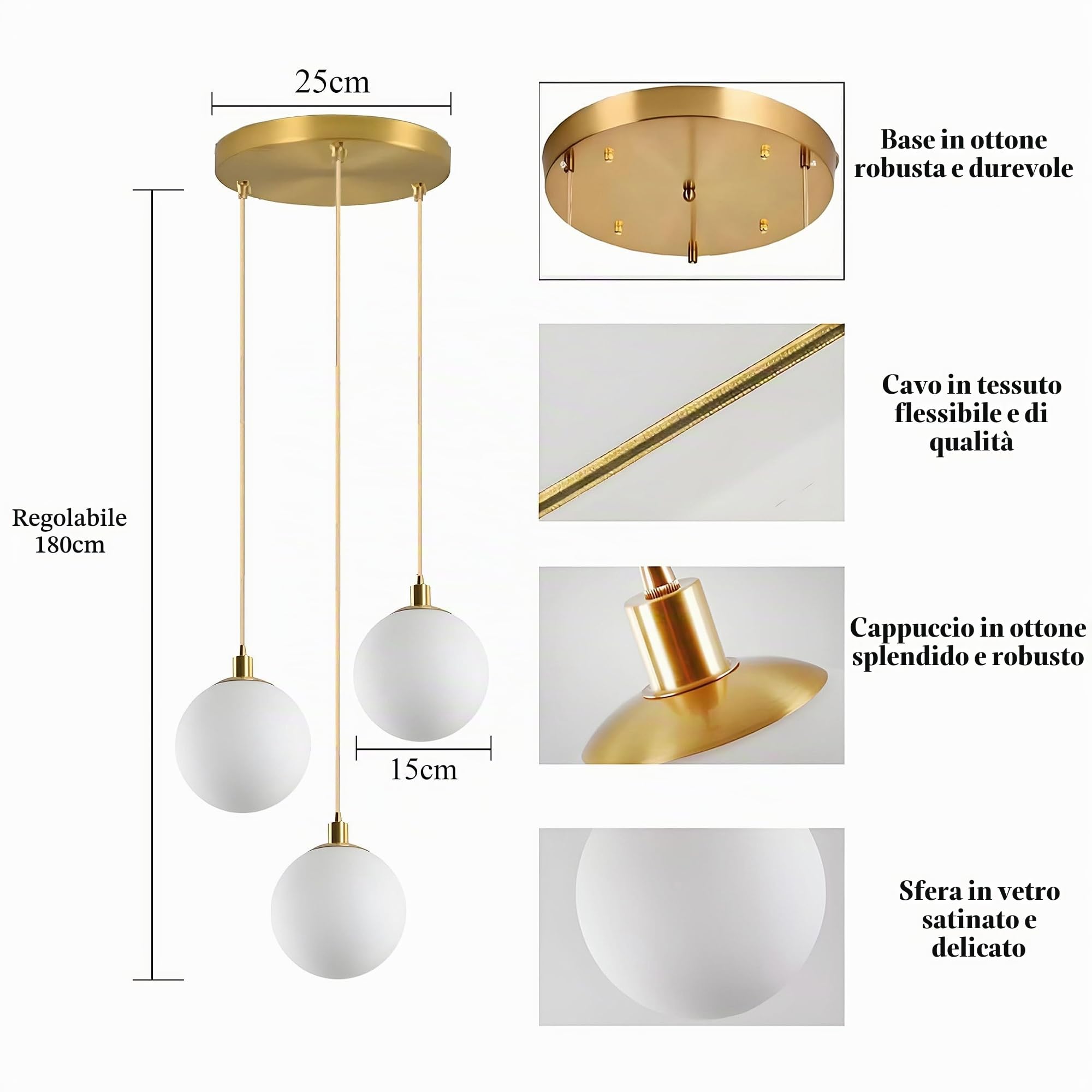 Lampada a Sospensione Moderna 3 Luci in Vetro Bianco con Finitura Dorata Altezza Regolabile Base E27 per Isola Cucina Sala da Pranzo Soggiorno