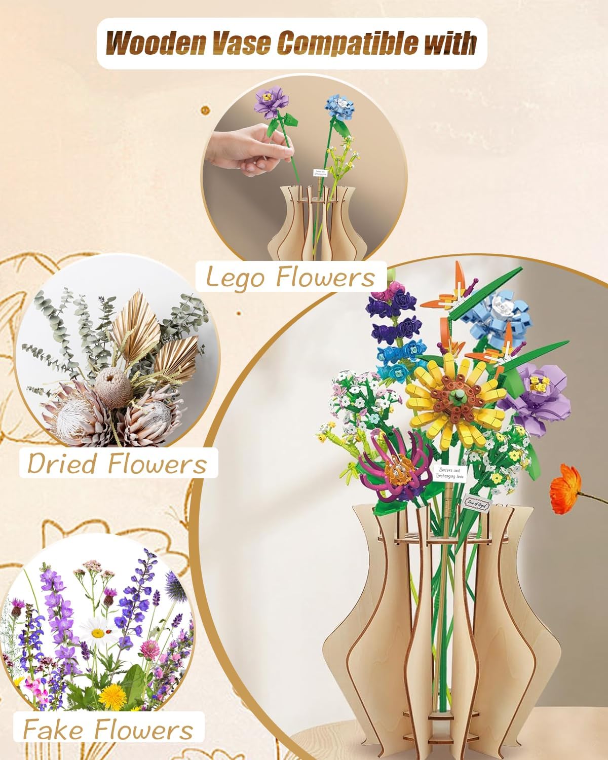 Wooden Vase for Lego Flowers, Vase Building Set for Roses, Wooden Puzzle Flower Vase for Lego Flower Bouquet Building Set, Display Stand for Lego Flower Lovers, Gift for Adults and Women