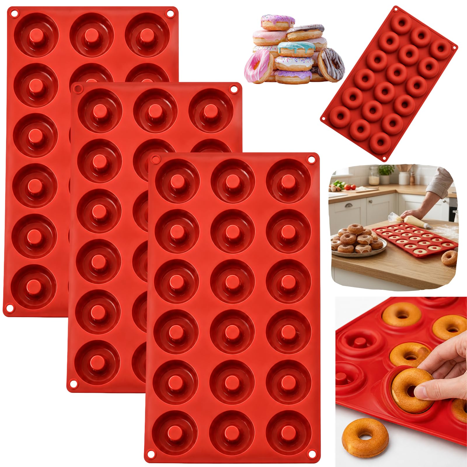 HOVUK 18 Cavity Silicone Donut Mould, 3 Pack Non Stick Mini Doughnut Baking Tray Flexible Reusable Baking Pan for Oven Microwave Freezer Dishwasher Safe Cake Chocolate Maker