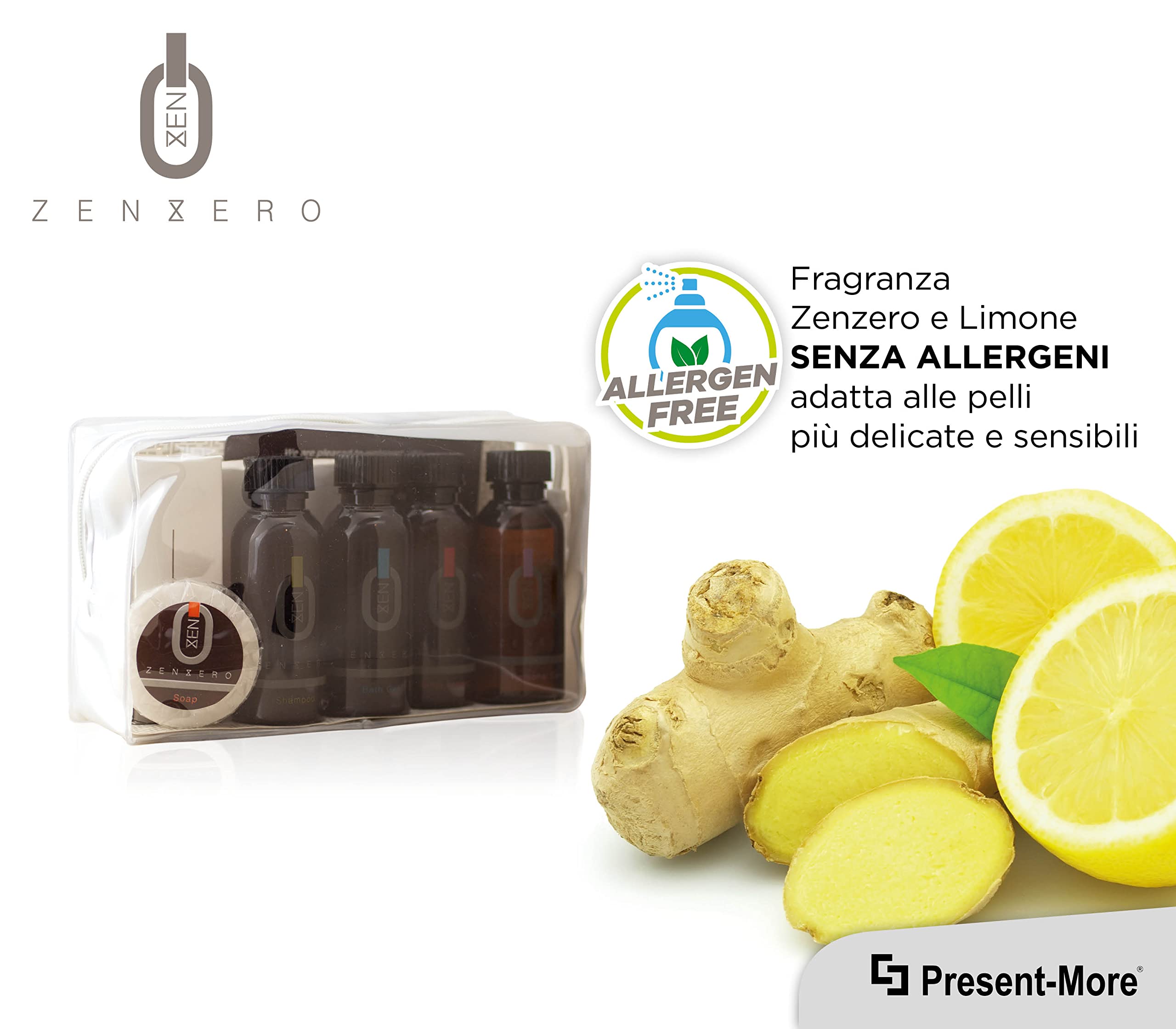 PRESENT-MORE - Set Cortesia 24 Ospiti Zenzero - Fragranza Zenzero e Limone - Contiene: Shampoo, Gel Doccia, Crema, Gel Intimo, Sapone e Accessori - Per Hotel e B&B