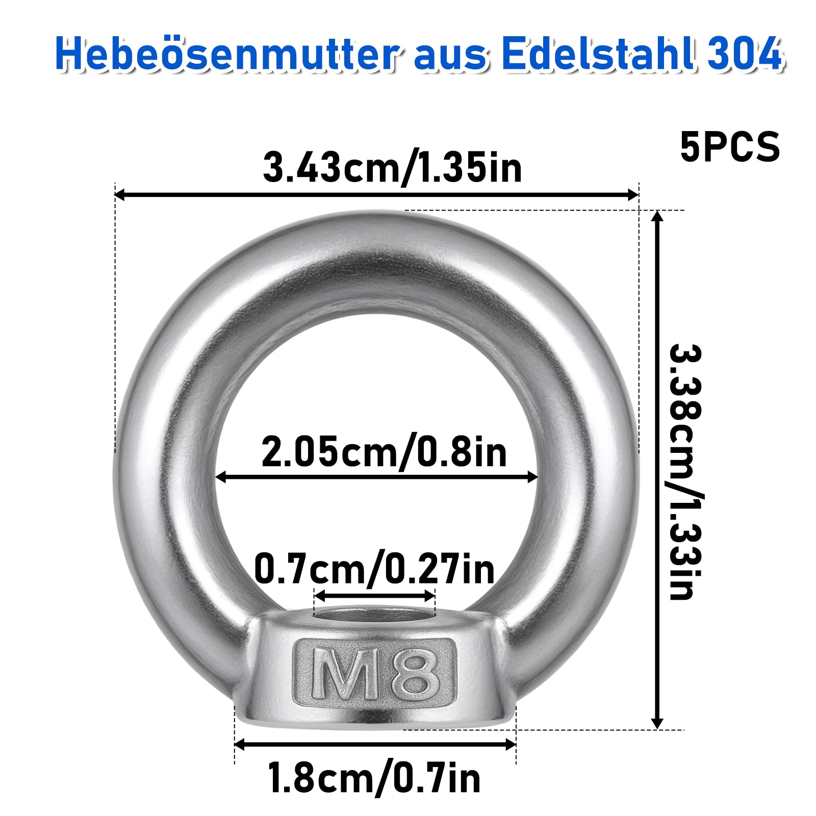 5 tuercas anulares M8, 304 de acero inoxidable 304, tuerca de ojal, ojales anulares, tuercas anulares, tornillos de anillo, perno de ojo para accesorios de elevación