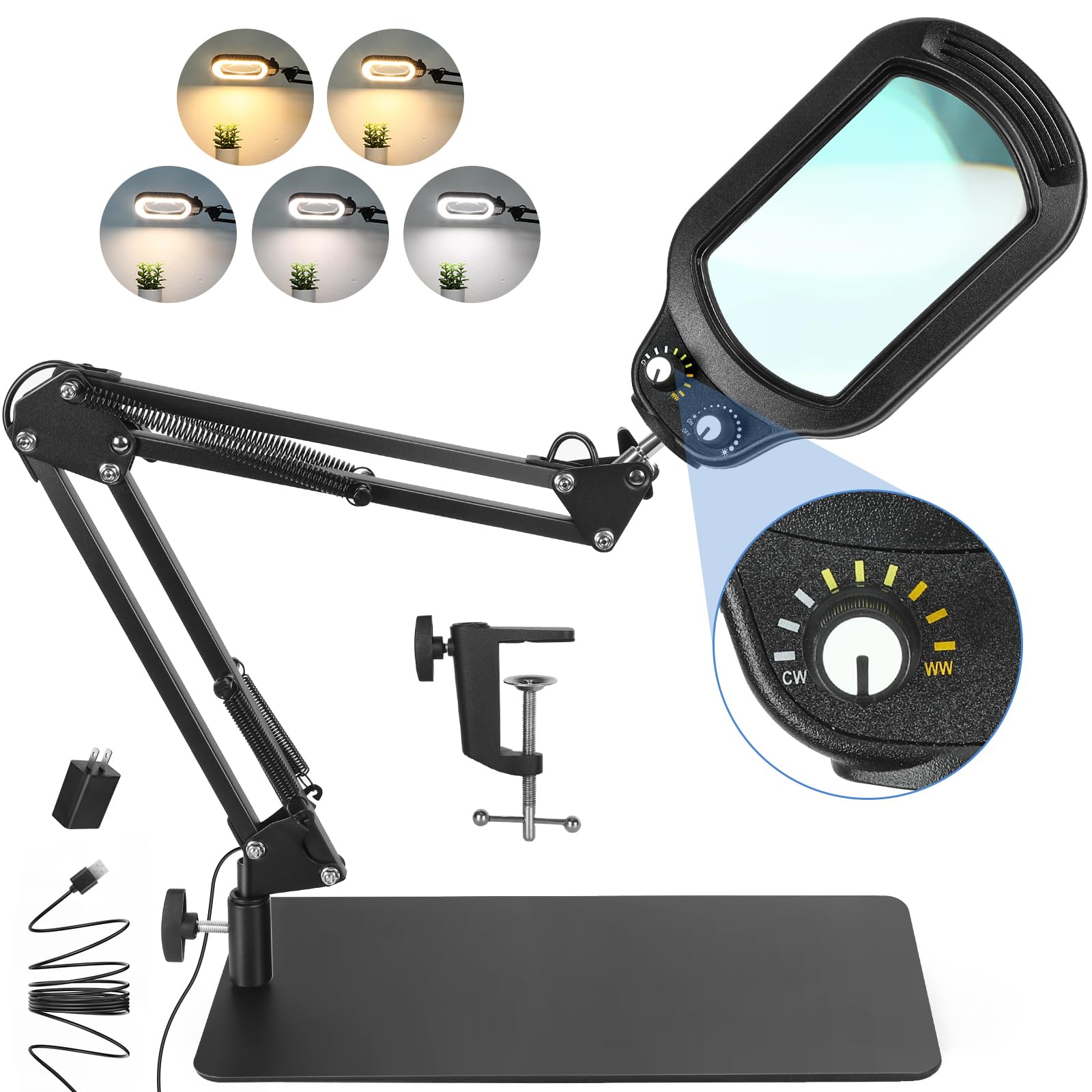 10X Rectangle Magnifying Glass with Light and Stand, Real Glass Lighted Magnifier Hands Free, Mechanical Knob 5 Color Modes Stepless Dimmable, 2-in-1