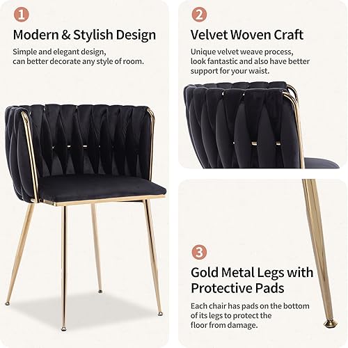 Miniatura 6 de Homtique Juego de 2 sillas de comedor modernas de terciopelo tejido con patas de metal dorado, sillón tapizado de lujo para cocina, tocador, sala de