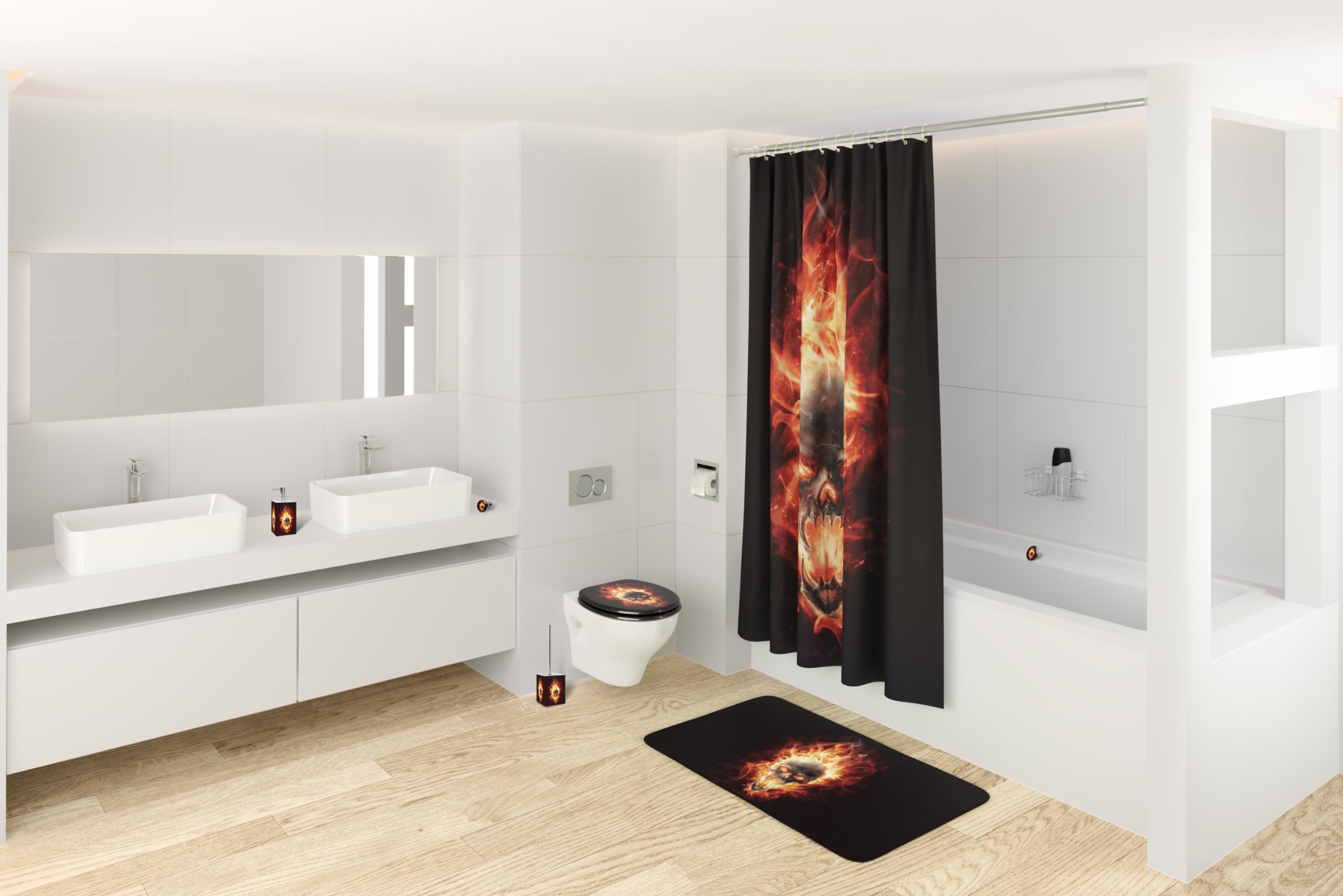 Sanilo Sedile WC con chiusura ammortizzata, grande scelta di copriwater neri da legno robusto e di alta qualità (Cranio in fiamme)