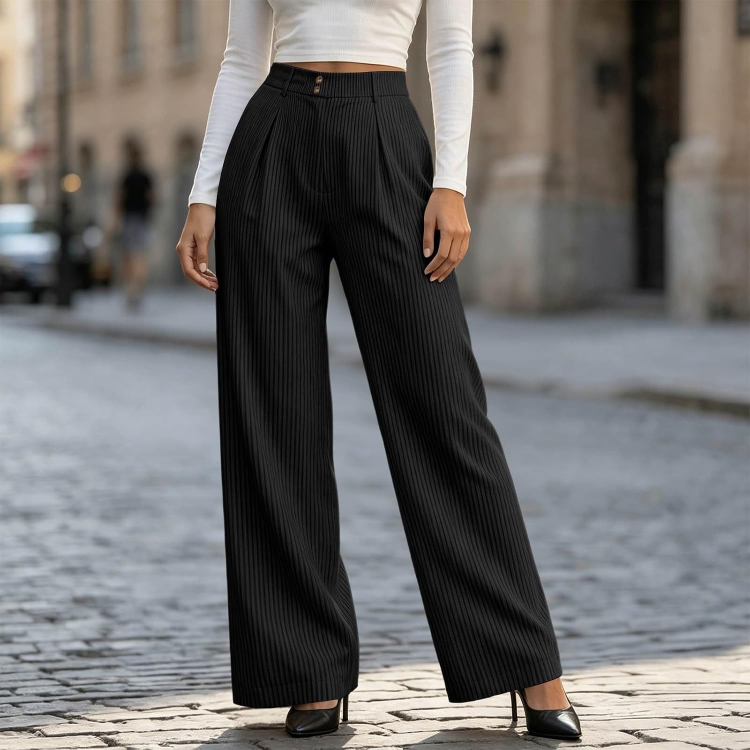 Women Corduroy Wide Leg Pants High Waist Pleated Work Trousers