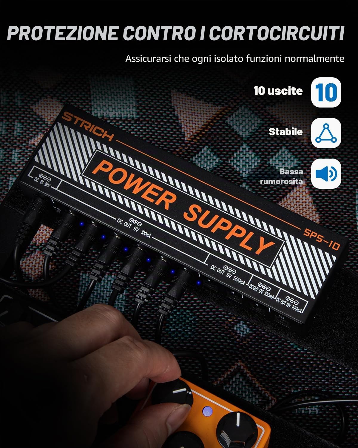 STRICH Alimentatore per pedale di chitarra, 10 uscite DC indipendenti per pedale effetto 9 V/12 V/18 V, alimentatore per pedaliera 100 mA 500 mA con protezione da cortocircuito, design del circuito a