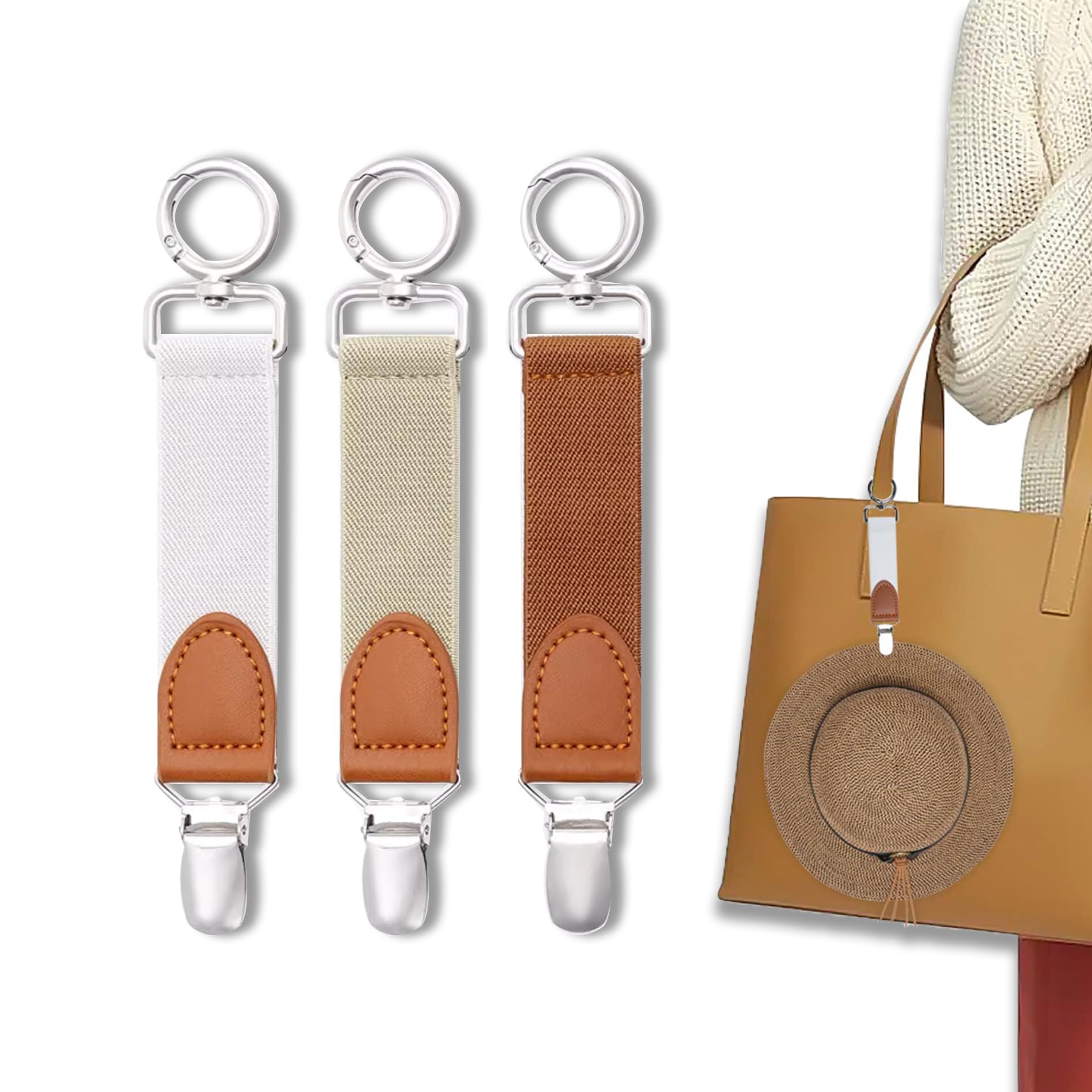 3 Pcs Hat Clip for Bags, Elastic Hat Clip, Hat Clips for Travel, polyester lightweight, Suitable for Bags, Backpacks, Luggage, Purse, Totes, Outdoor Travel Accessory (Brown, White, Khaki - 17x3x0.5cm)