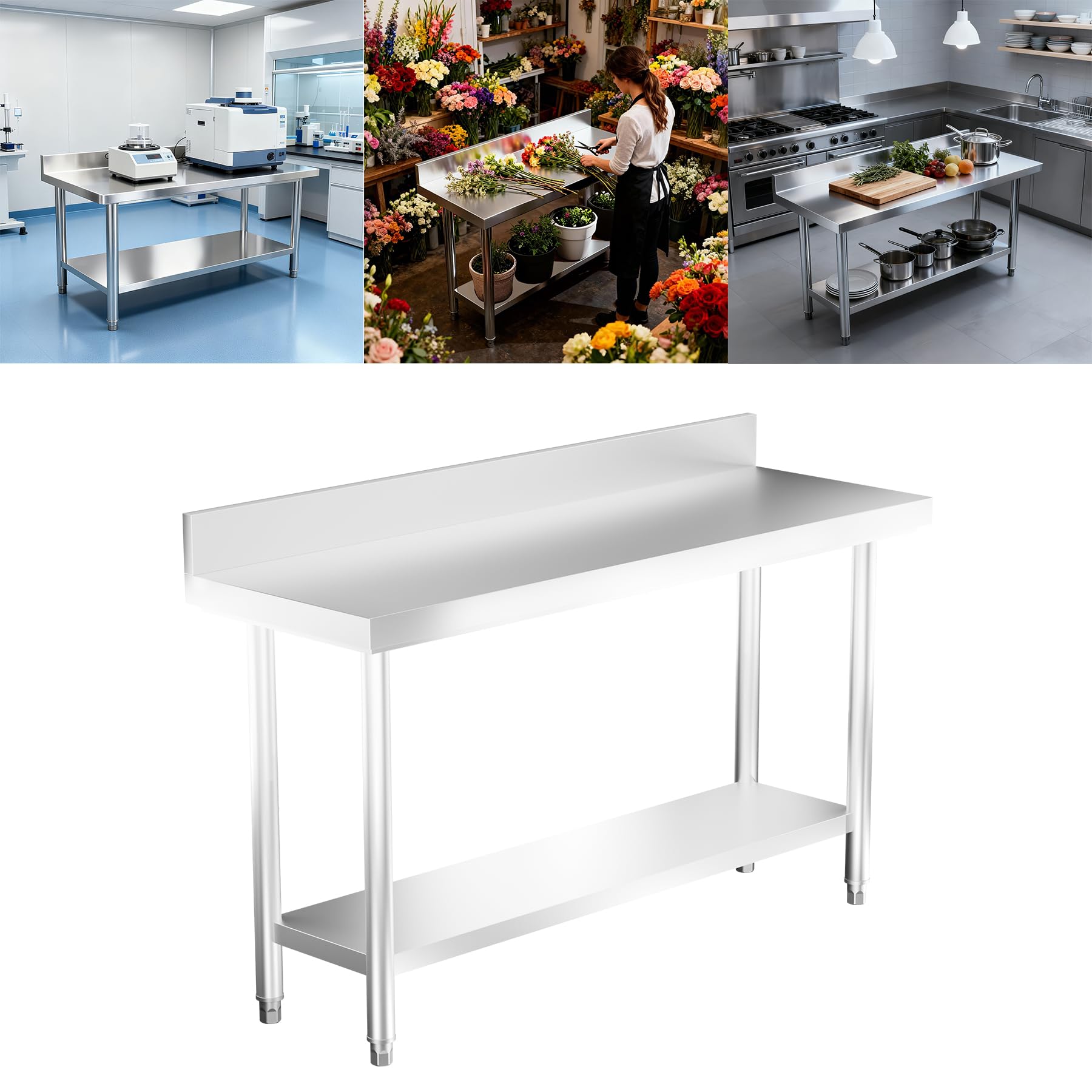 ACXIN Mesa de trabajo de acero inoxidable con patas ajustables en altura y estante inferior grande, mesa de trabajo para preparación de alimentos, 150 x 50 x 85 cm, color plateado (con reborde)