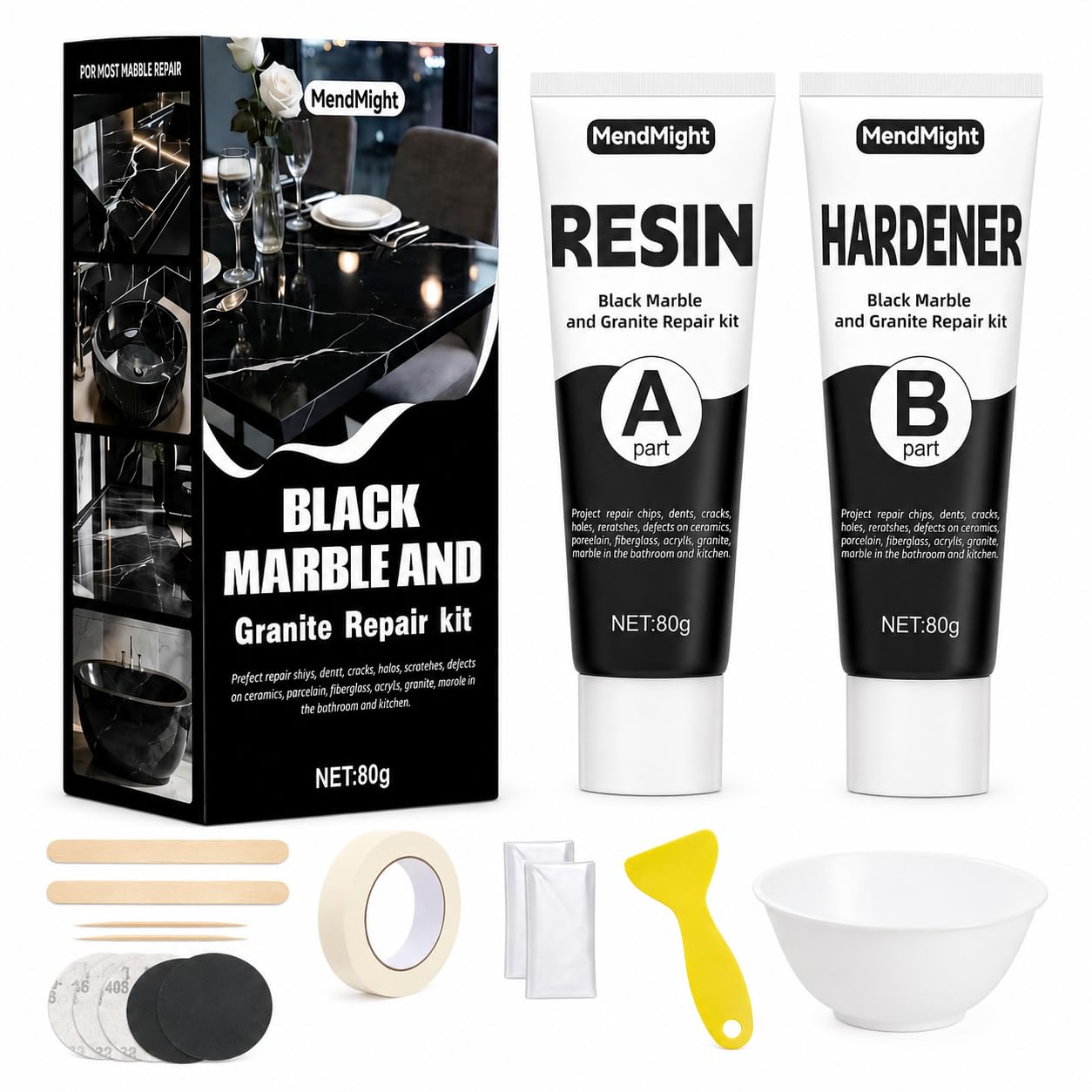 MendMight Black Bath & Tile Repair Kit for Renters & Homeowners, 160g Pure Black Epoxy Putty for Chips, Cracks, Holes & Scratches on Shower Tray, Sink, Marble, Granite, Porcelain, Fibreglass