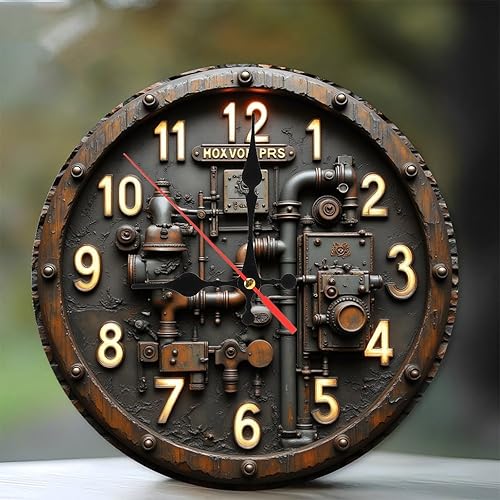 Reloj de pared Steampunk, diseño de tubo de metal vintage, reloj de pared de madera de 10 pulgadas, movimiento silencioso, funciona con pilas AA no