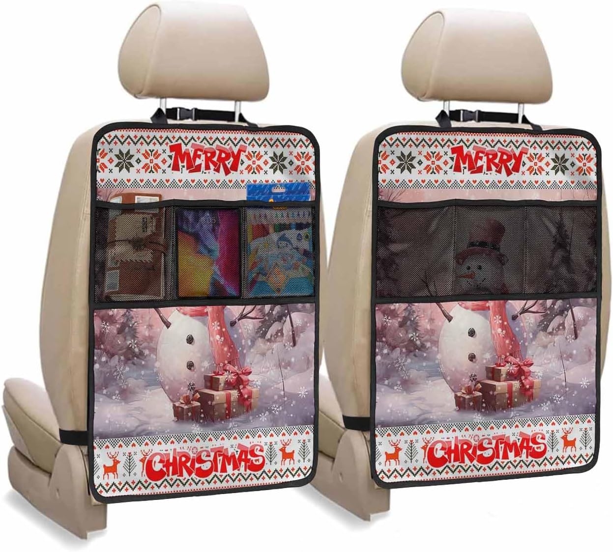 Car Seat Protector, 2 Pack Kick Mats with Organizer - 3 Pocket Storage, Christmas Snowman with Gifts Snow Covered Forest Back Seat Cover for Kids Universal Fit Automotive Interior Protectors