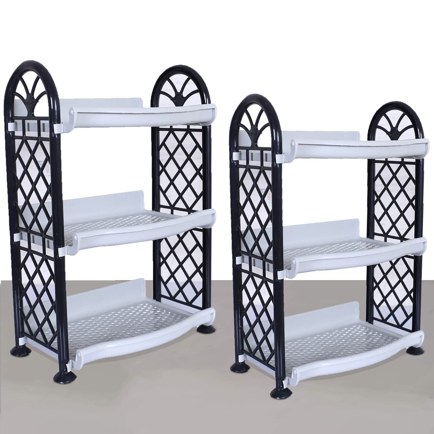 Kuber Industries Organising Rack| Plastic 3 Shelves Kitchen Storage Stand|Durable Wall Mounted Jar Kitchen Utensils Organizer,Pack of 2 (Gray)