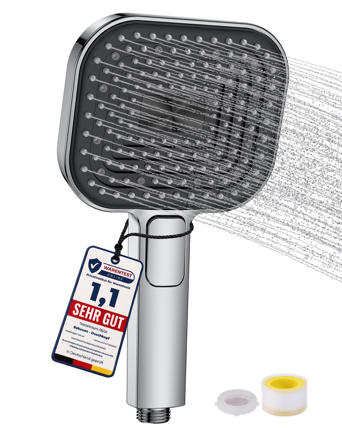 Duschkopf Wassersparend, Duschbrause Groß 135mm, Handbrause mit Antikalk-Funktion 【Lebensmittelechtes Silikon】【43% Wassereinsparung】, AirMix Brausekopf Dusche mit 3 Strahlarten, Chrom (Ohne Schlauch)