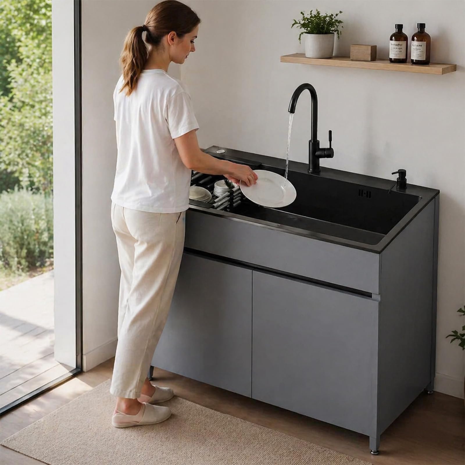 Lavello da Esterno Autoportante con Mobile 68/80cm, Corpo in Alluminio Alveolare con Miscelatore Caldo/Freddo, Scolapiatti Estensibile per Garage Giardino Officina