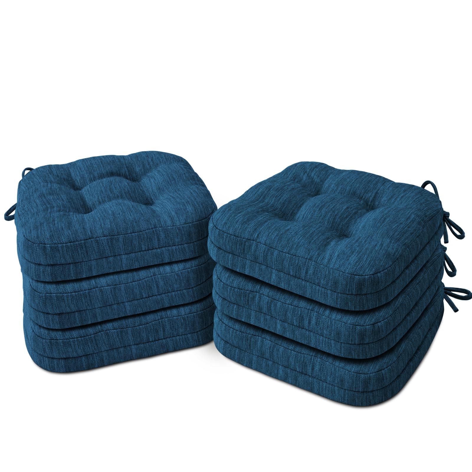 Shinnwa Chair Cushions for Dining Chairs 6 Pack, Non-Slip Memory Foam Kitchen Seat Cushions, Tufted Chair Pads with Ties, 16.5” x 16.5” x 3.5”, Navy Blue, Set of 6