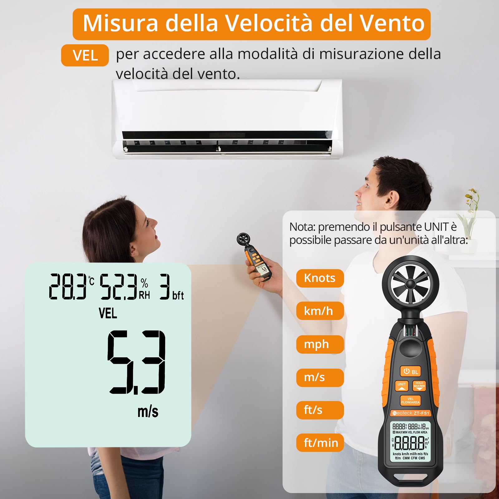 Neoteck Anemometro Digitale con LCD Retroilluminato Misuratore di Velocità del Vento Misura la Temperatura e Umidità del Vento Velocità CFM Anemometro per Barca Windsurf Vela Attività all'aperto