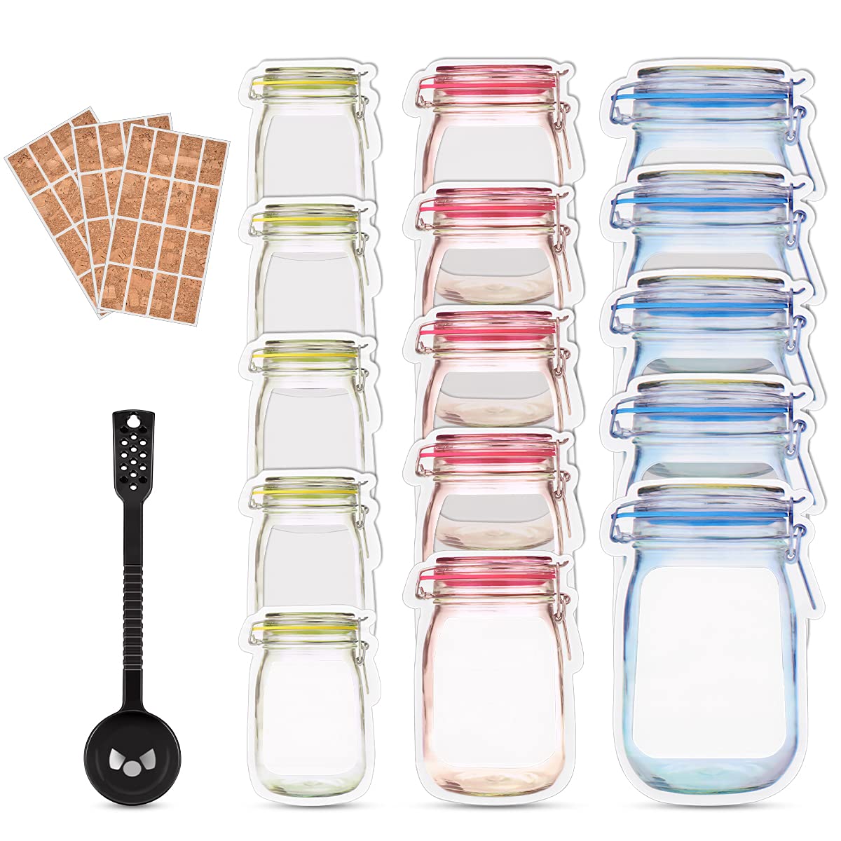 HB-Int 30PCS Food Storage Bag, 10PCS Big Mason Jar Bottles Bags 6.8*9.8in 10PCS Airtight Seal Food Storage Bags 5.5*7.8in 10PCS Snack Bags 4.2*5.9in, with 48PCS Jar Labels 1PCS Spoon, for Home Camping