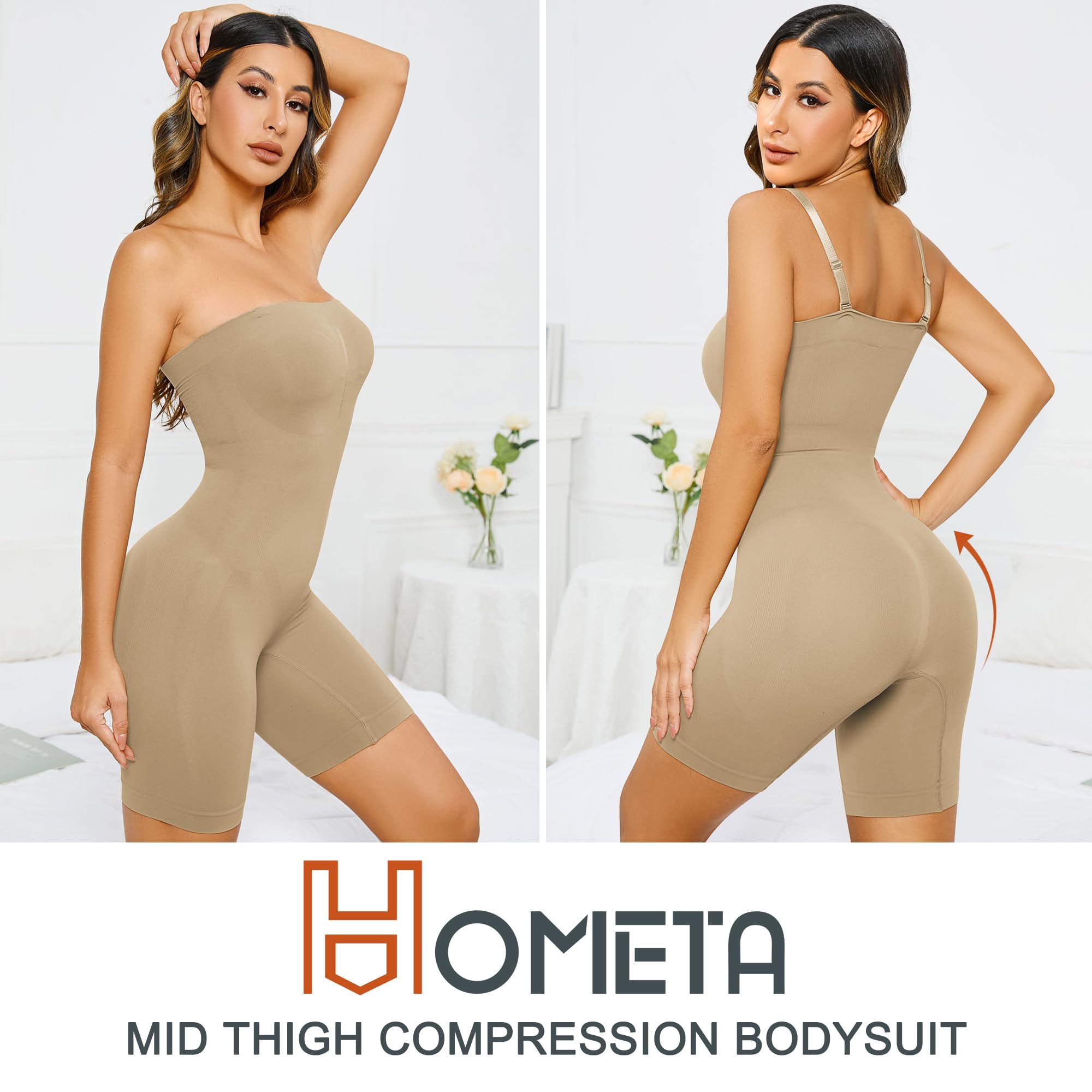 HOMETA Shapewear für Damen, Bauchkontrolle, Po-Heber, Bodyshaper, trägerlos, nahtlos, Mitte Oberschenkel, Overall, Tops
