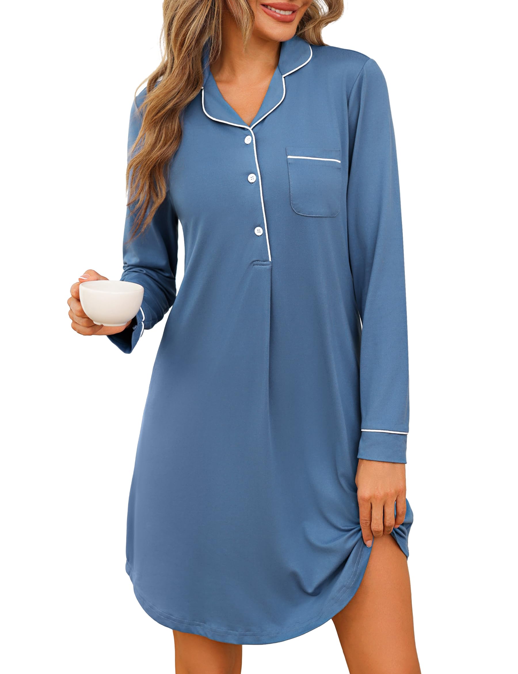 Jahetuul Nachthemd Damen Schlafshirt Langarm V-Ausschnitt Nachthemden für Damen Baumwolle Nachtwäsche Sleepshirt Nachtkleid mit Knopfleiste
