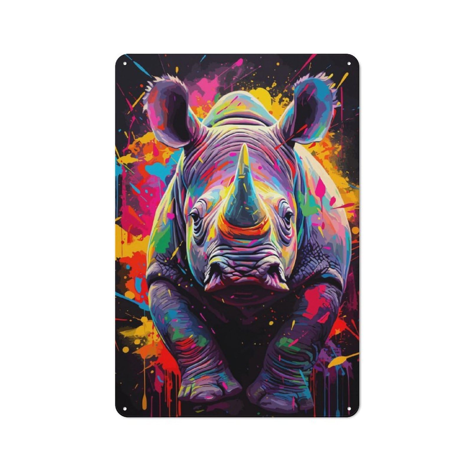 Junmoney Rhinoceros Painting Metal Sign 30X20cm With For Hallway Wall, Rustic Decor, Housewarming Present For People Styling Hallway