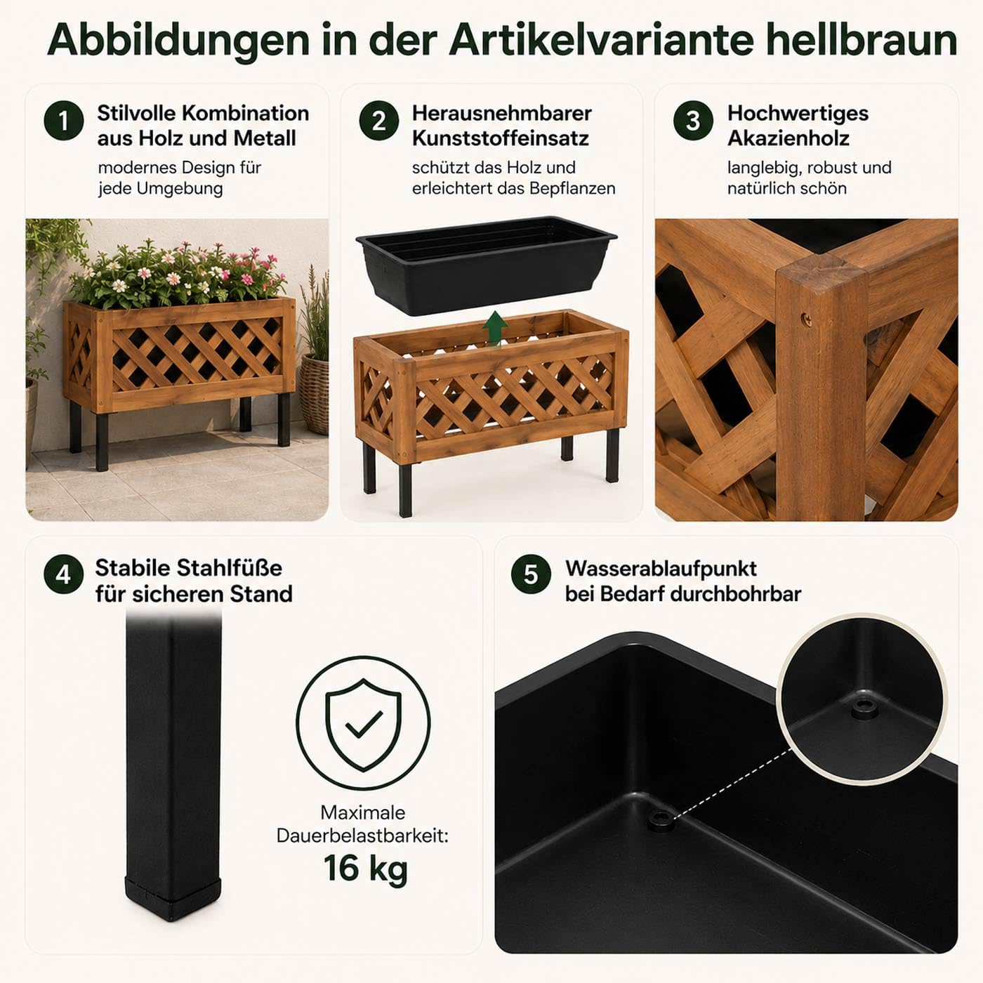 Mendler Pflanzkasten HWC-P86 35x64x24cm Akazie - Hellbraun