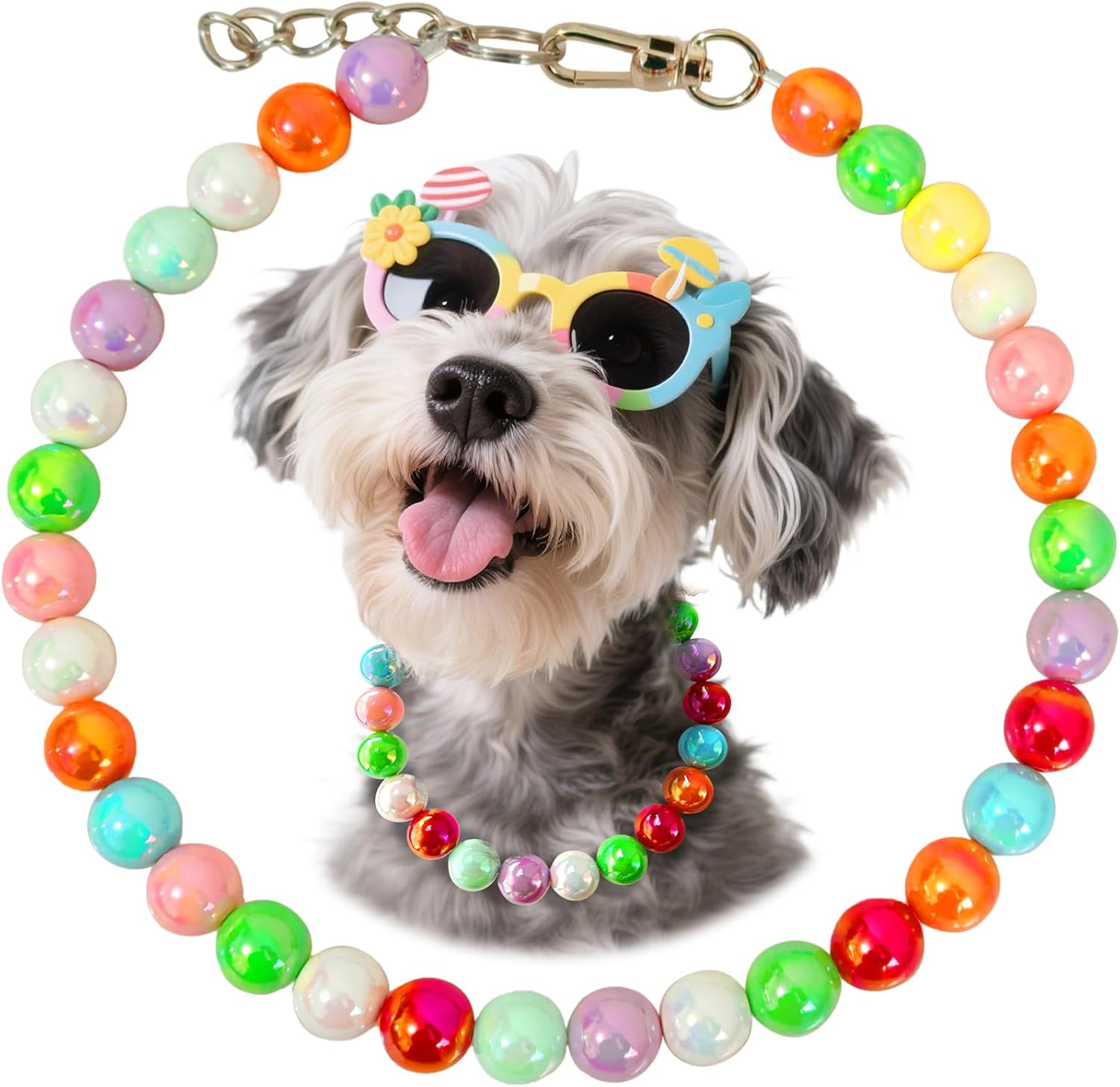 Hosiwei Handmade Rainbow Beaded Dog Collar – 16mm Chunky Colorful Candy Pearls with Stainless Steel Wire, Adjustable Pet Necklace Jewelry Accessories for Small, Medium, Large Dogs Hosiwei Handmade Rainbow Beaded Dog Collar – 16mm Chunky Colorful Candy Pearls with Stainless Steel Wire, Adjustable Pet Necklace Jewelry Accessories for Small, Medium, Large Dogs