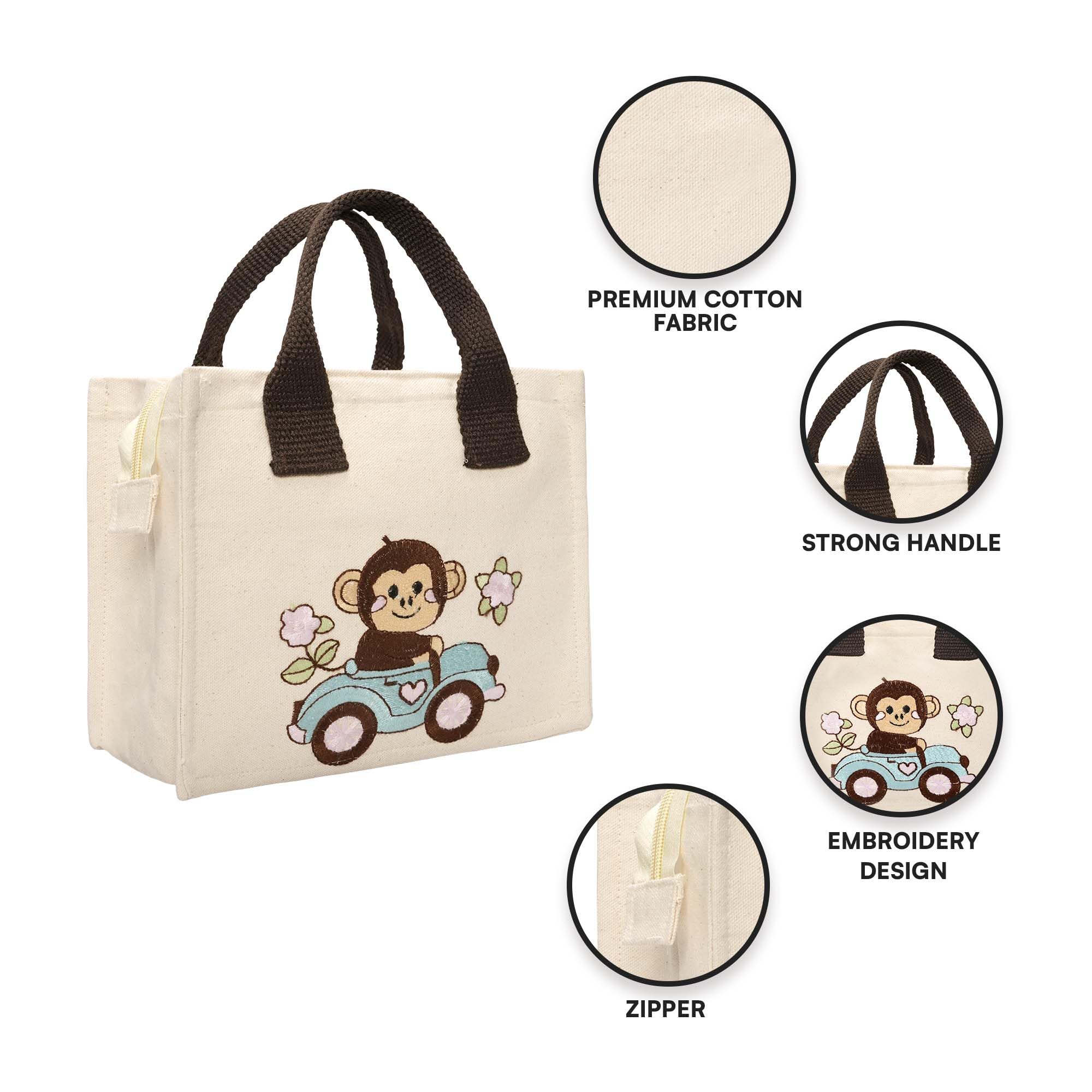 ECOCARRY Kids Lunch Bag | Cute & Stylish Embroidery Mini Tiffin Bag for Boys & Girls | Cute Cotton Cartoon Design | Picnic Tuition School, Preschool & Playschool | Gift for Birthday (Monkey) 4