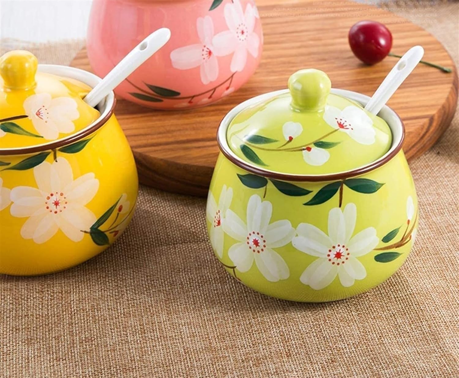 Bocal à épices, bol à sucre, tasse à sucre de fleur japonaise peinte à la main en céramique avec couvercle cuillère