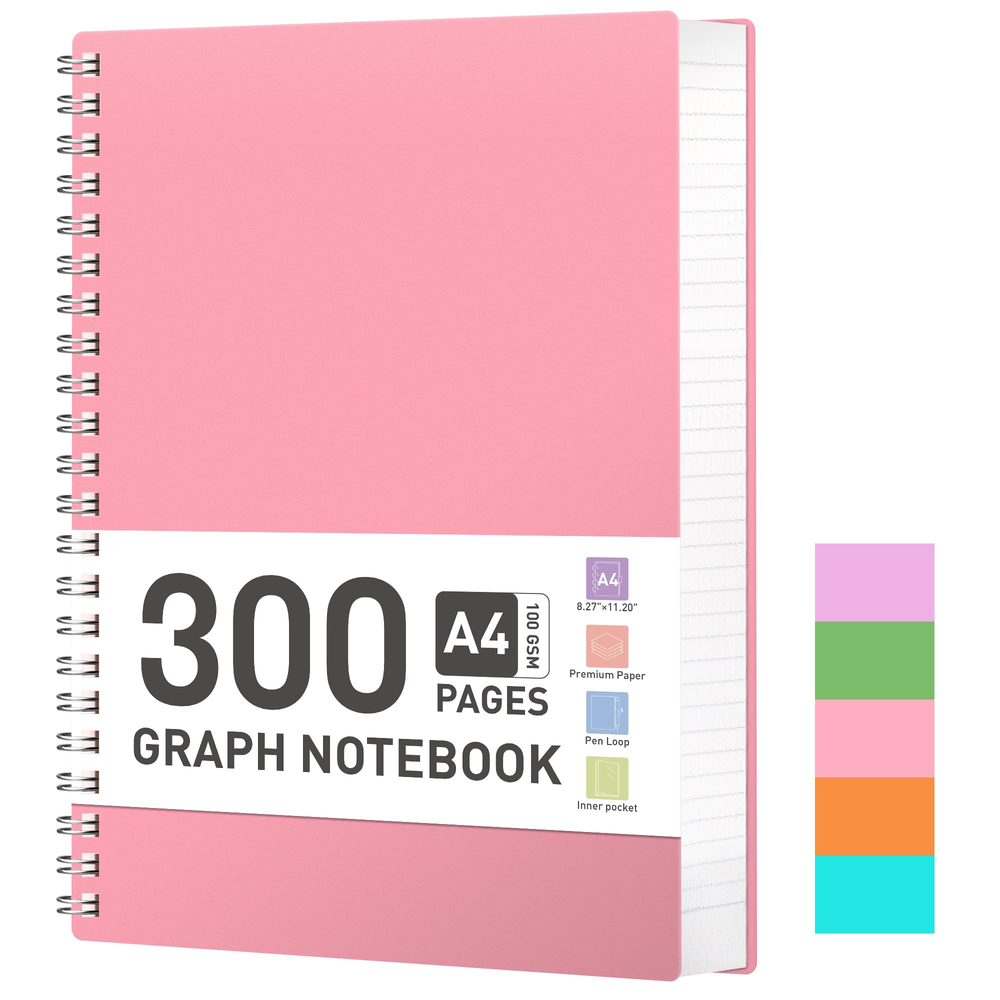 RETTACY Notebook A4 Squared, 100 g/m² Paper, 300 Pages, Pink
