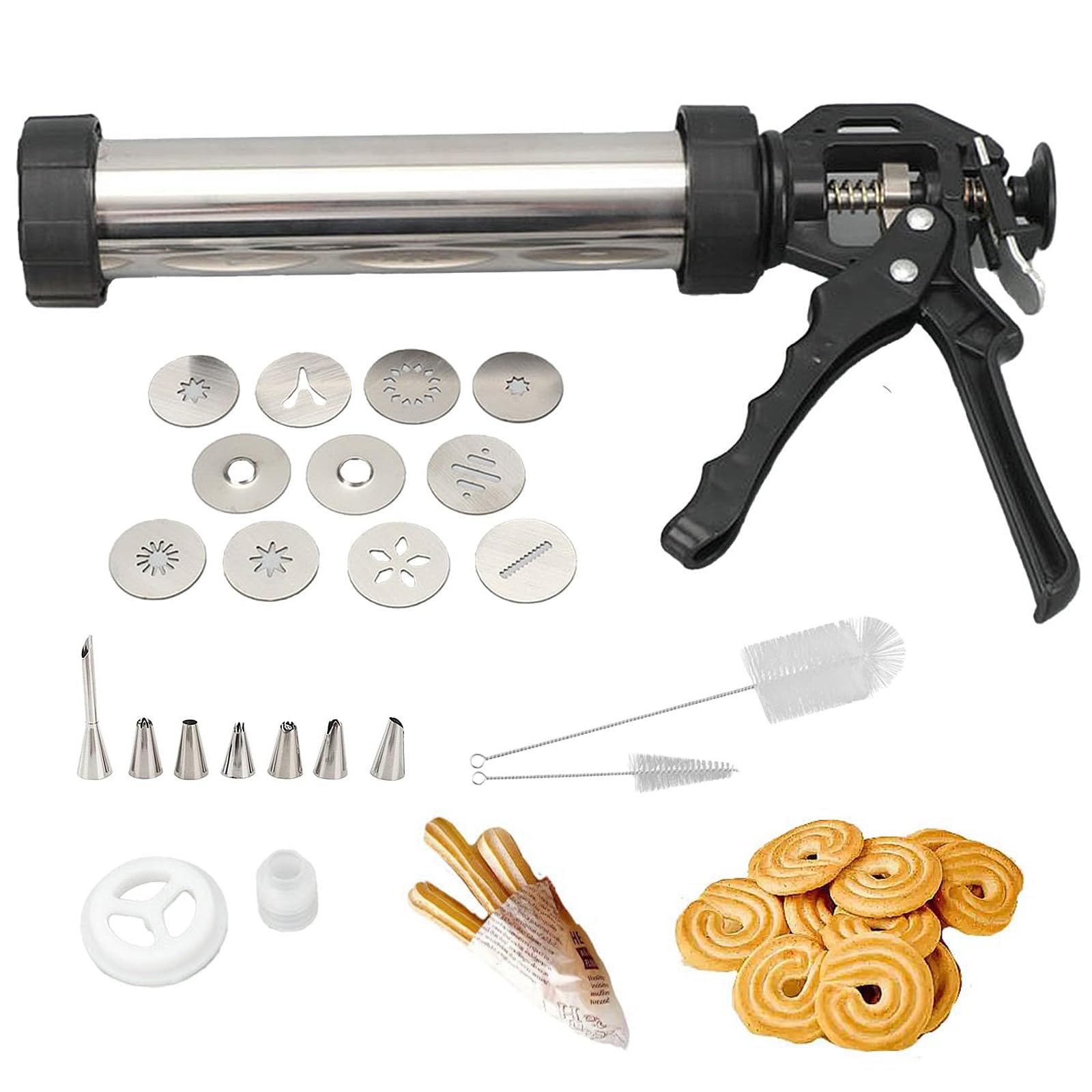 Cookie Press Kits, Pistola per Biscotti in Acciaio Inox con 7 Ugelli E 11 Taglierini, Ritorno Automatico E Impugnatura Ergonomica, Stampo Multiuso per Biscotti DIY Dessert
