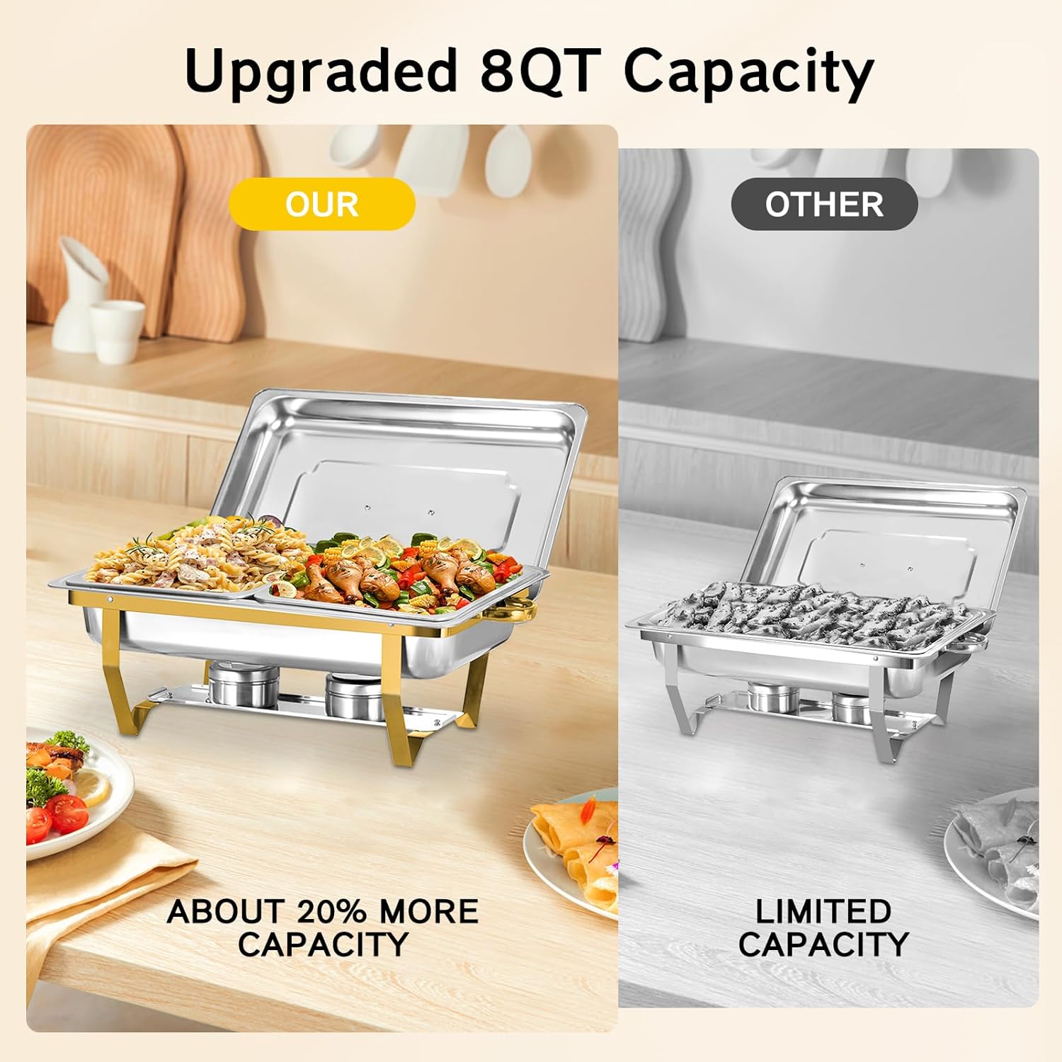 Chafing Dish for Buffet, 4 Pack 8QT Stainless Steel Chafing Servers Food Warmer Set with 8 x 1/2 Size Food Pan for Kitchen Party Banquet Dining, Gold