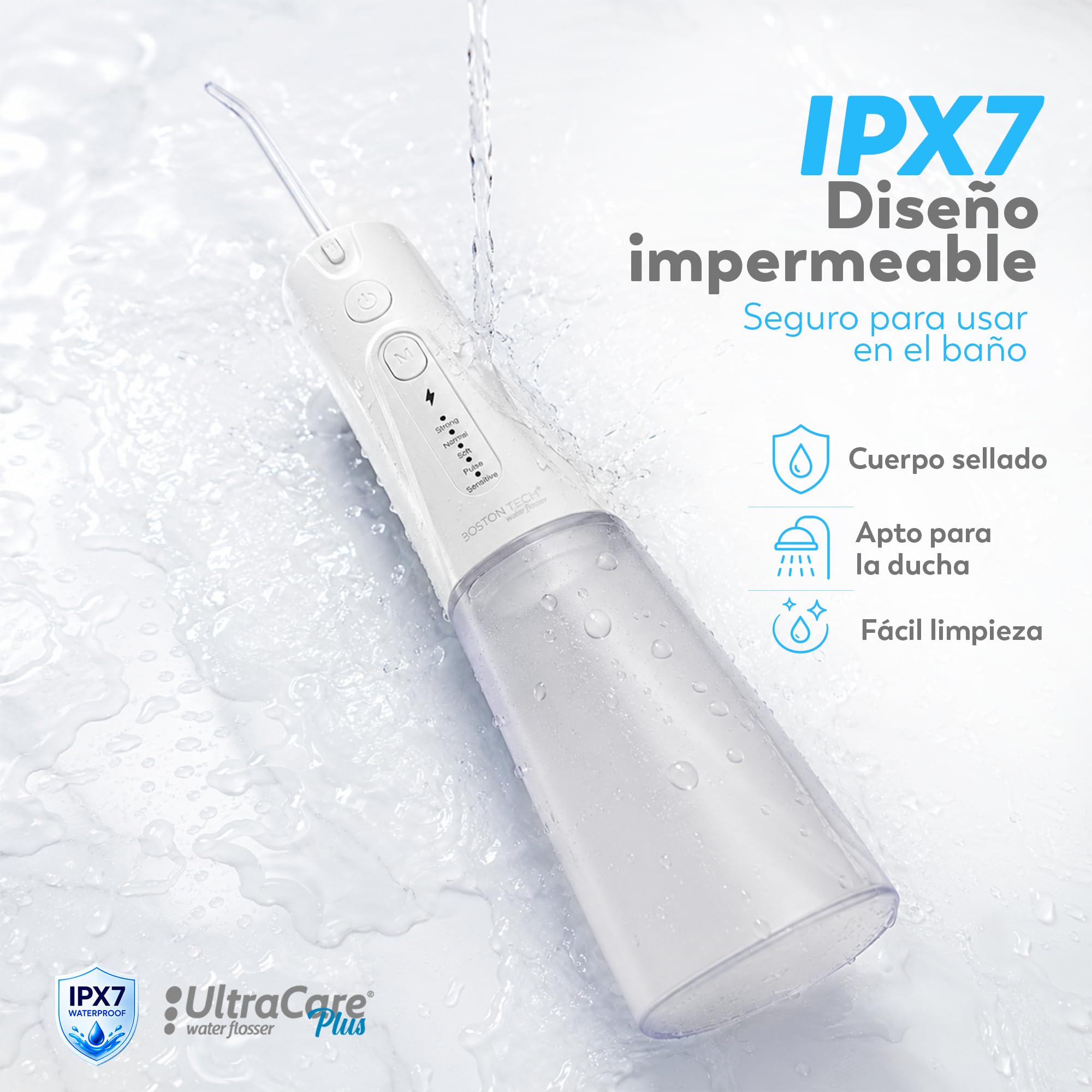 Aquapik Irrigador Dental Portátil, Irrigador Bucal Inalámbrico con 8 Boquillas y 4 Modos, Depósito 300 ml, USB-C Recargable, IPX7, Water Flosser para Brackets, Implantes y Viajes (Blanco)