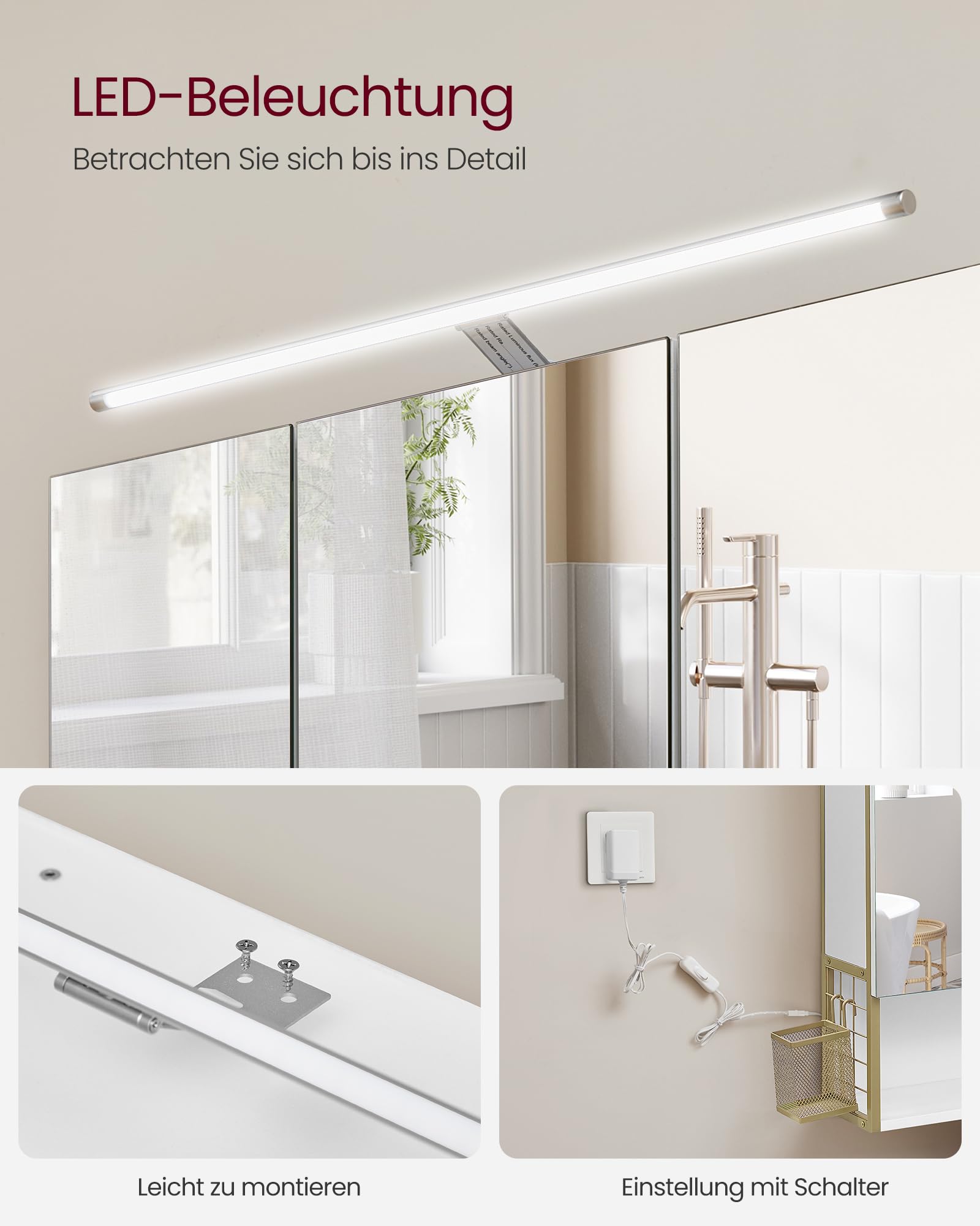 3-in-1 Spiegelschrank – Licht, Stauraum & Trocknerhalter