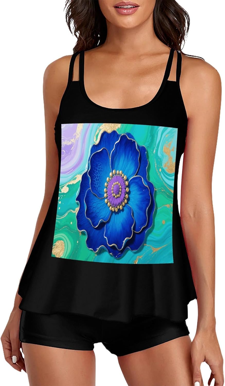 Floral Texture Picture Tankini Swimsuits for Women Tummy Control Two Piece Bathing Suits Swim Tops with Boy Shorts