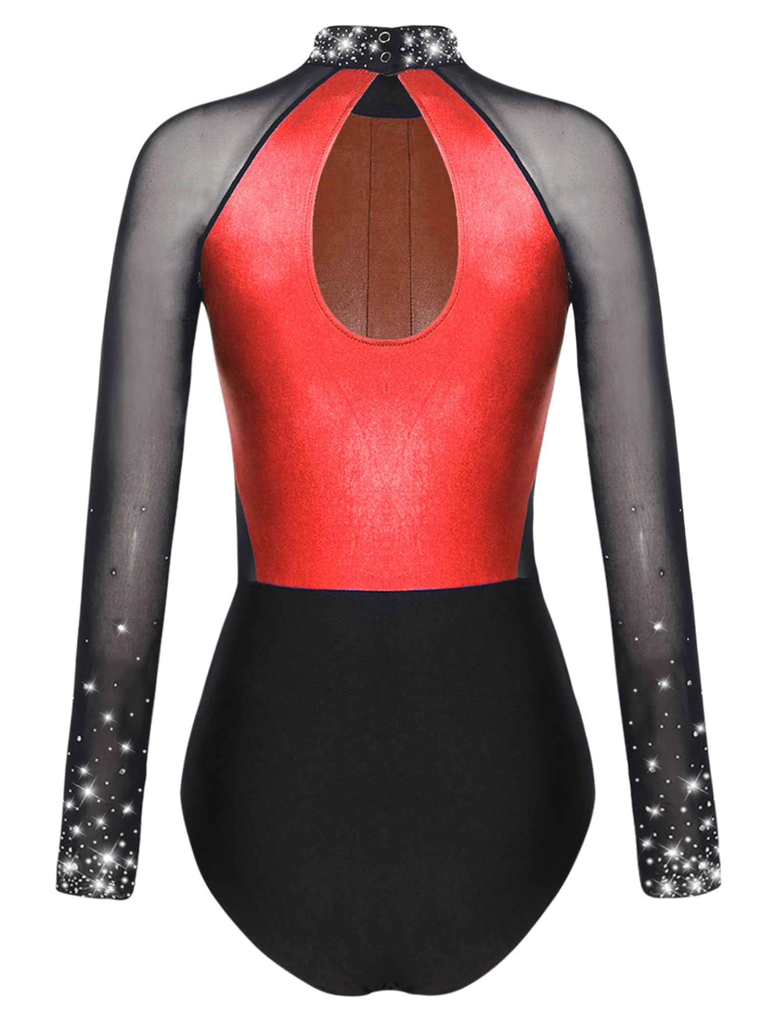 Sxiwei Gymnastikanzug Damen Langarm Glitzer Mesh Gymnastik Leotard Einteiliger Ballettbody Skating Tanz-Body Wettbewerb Tanzkostüm