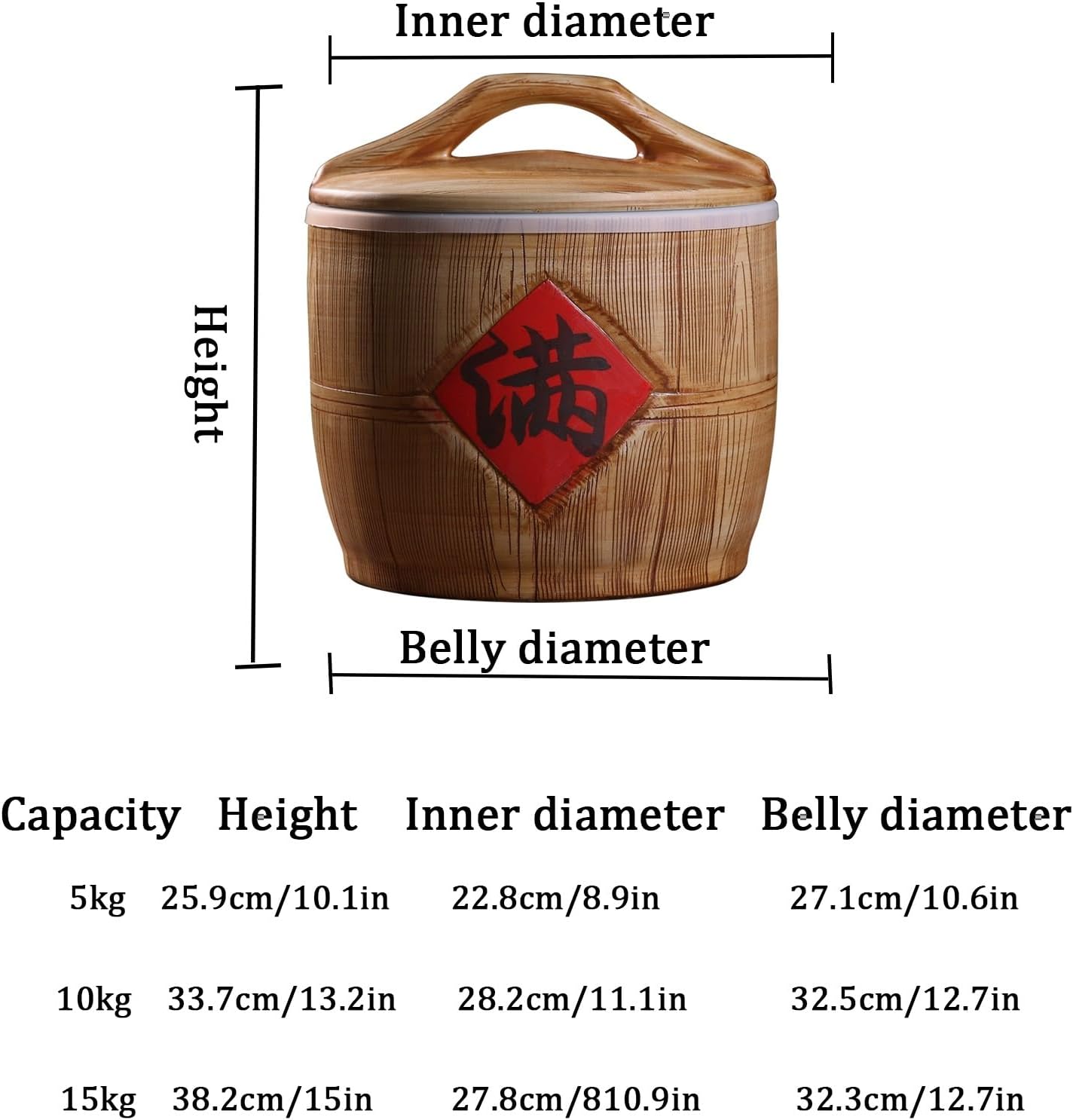 JKGHK Rice Container, Ceramic Rice Bucket with Lid, Food Dispenser with Handle, Ceramic Rice Cylinder, for Coffee, Rice, Nuts, Snacks, Pet, Tea, Flour(BrownB,5kg)