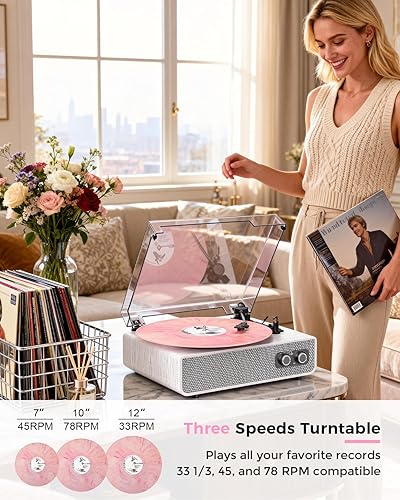 Miniatura 3 de Reproductor de discos de vinilo Bluetooth con altavoces estéreo integrados, calidad de sonido mejorada, tocadiscos de tracción por correa de 3