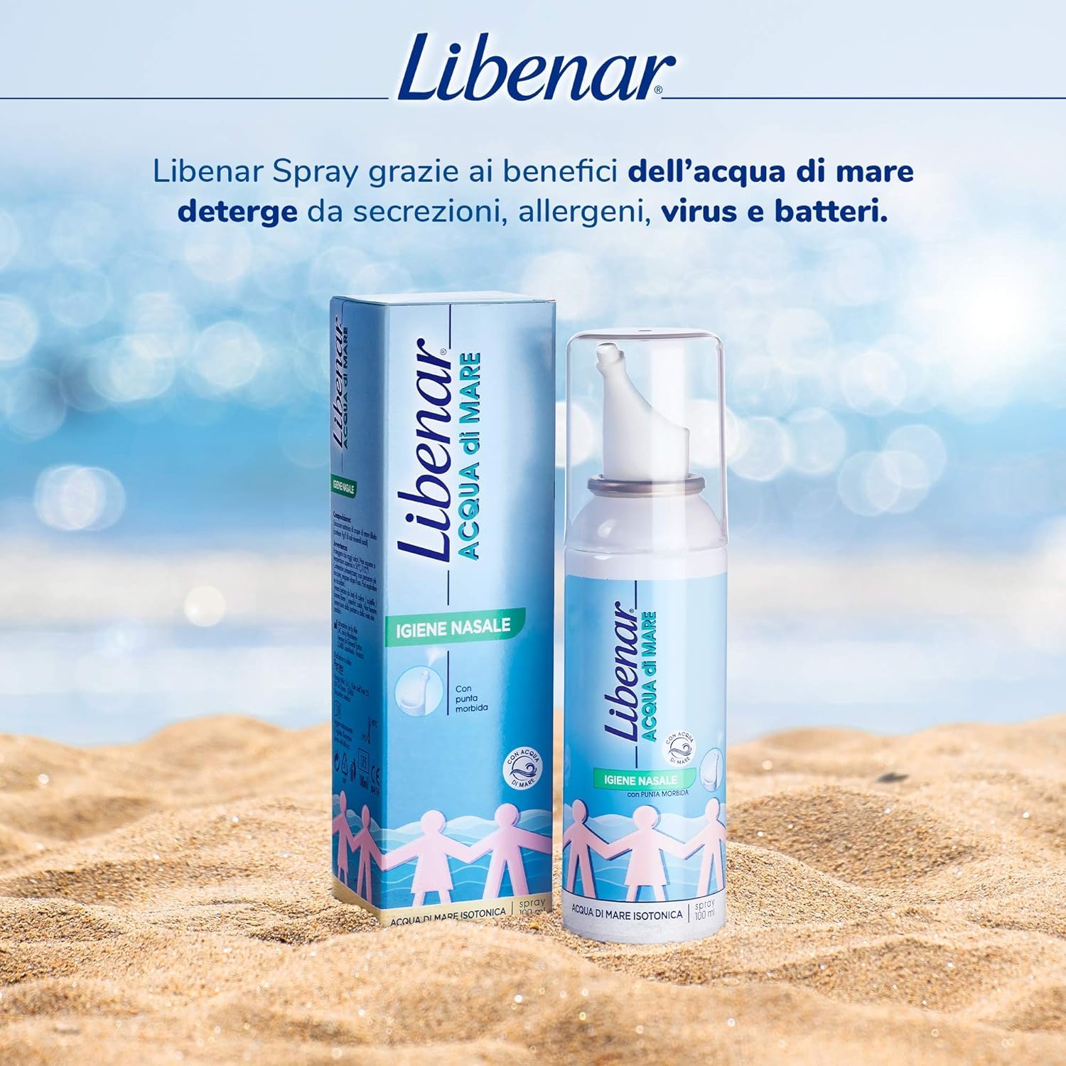 Libenar Spray per Igiene Nasale, Soluzione Isotonica con Acqua di Mare per Adulti, Bambini e Neonati, Adatto per l'igiene quotidiana del naso, Punta Morbida, Getto Delicato, 100 ml