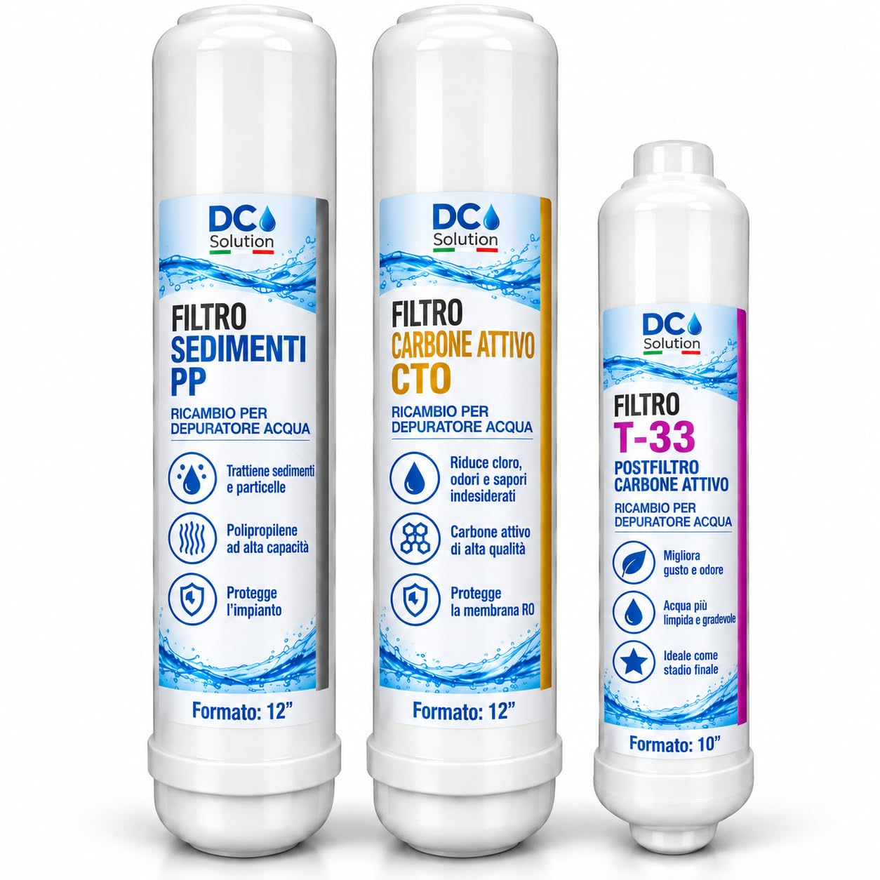 Kit 3 Filtri per Depuratore Acqua Osmosi Inversa – PP Sedimenti 12" + CTO Carbone Attivo 12" + Postfiltro T33 10" – Ricambi per Impianto Osmosi Inversa