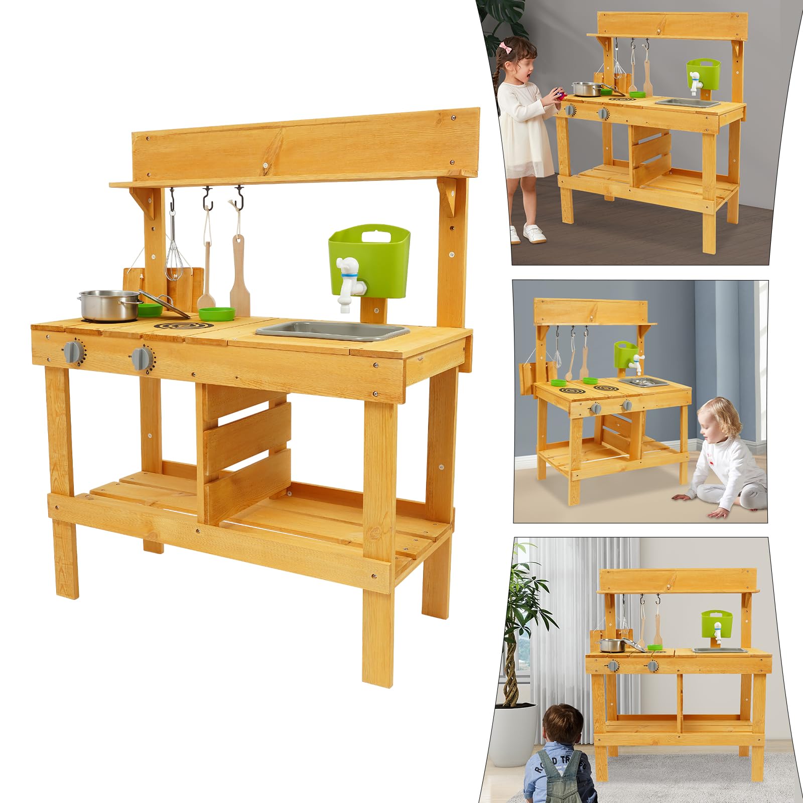 Grande cuisine en bois pour enfants – Cuisine de jeu extérieure avec véritable robinet, évier et accessoires pour un jeu créatif dans le jardin – Jouet de rôle robuste pour enfants de 3 à 8 ans