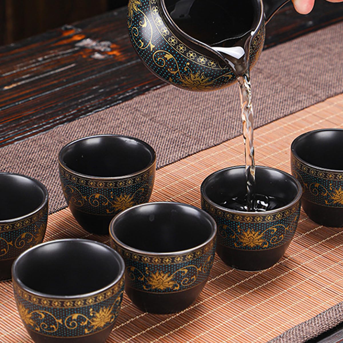 Juego de Tetera de Cerámica China Negra, 1 Set Retro para Oficina | Cerámica, Diseño Semiautomático y Antiquemaduras, Uso Múltiple, Apto para Té Florido y Agua de Fruta