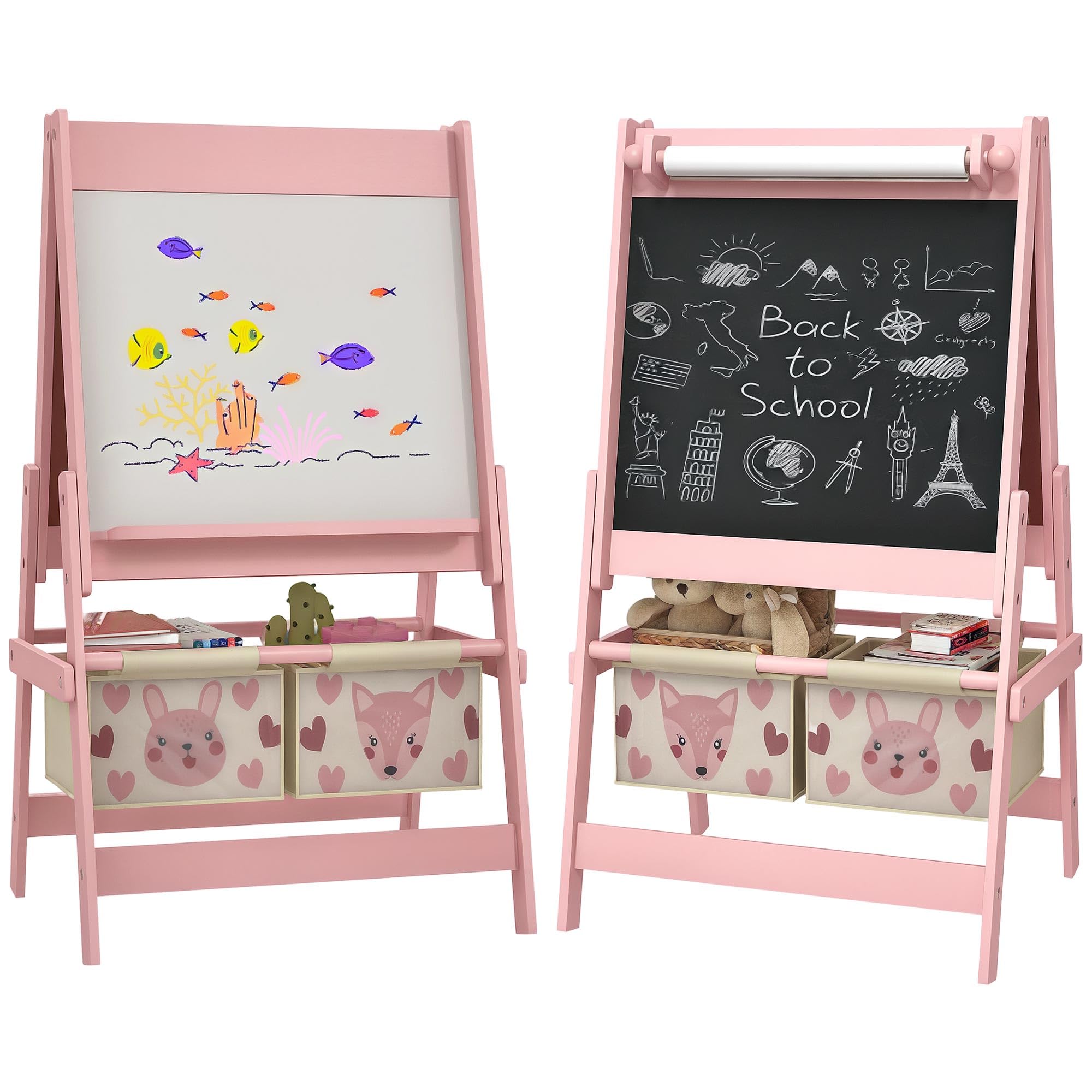 AIYAPLAY Art Easel for Kids with Paper Roll, 3 in 1 Double-Sided Kids Easel for Children, Drawing Board with Blackboard and Whiteboard, Storage Baskets, Pink