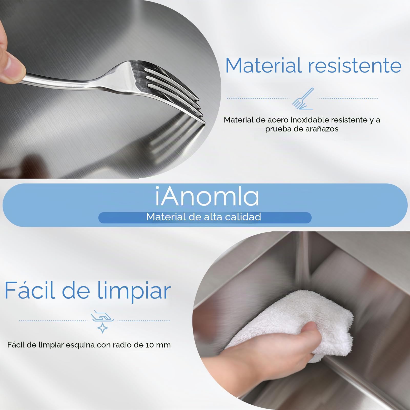 Fregadero Cocina 1 Seno, Fregadero Acero Inoxidable Cepillada 35 x 50 cm con Desbordamiento,Sifón, Dispensador de Jabón, Fregadero Pequeño con 2 Orificios para Grifo, Sobre Encimera o Enrasado