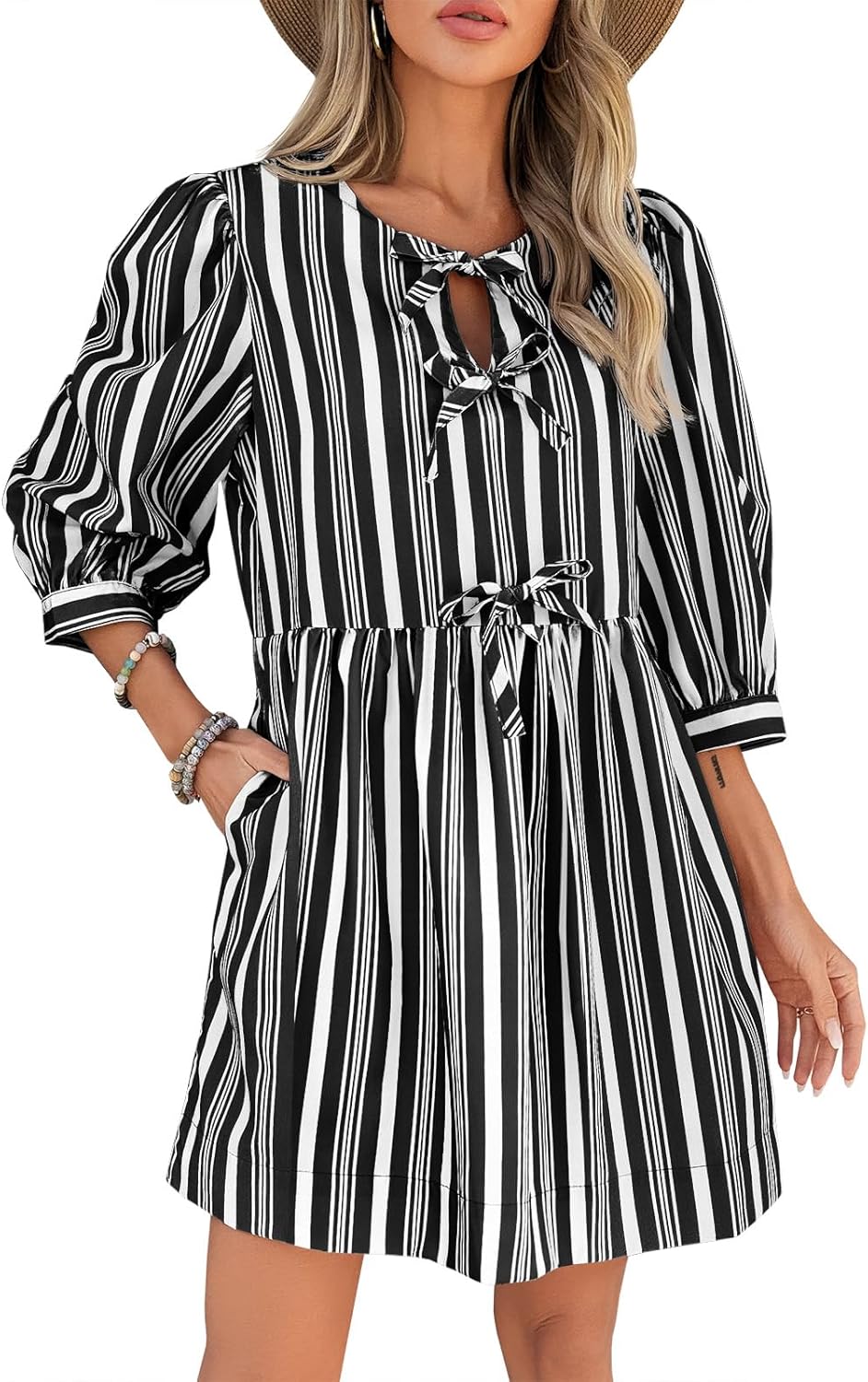 Wenrine Women's Puff Sleeve Mini Dress Summer Casual Bow Tie Crewneck Striped Loose Flowy Beach Dresses Black Small