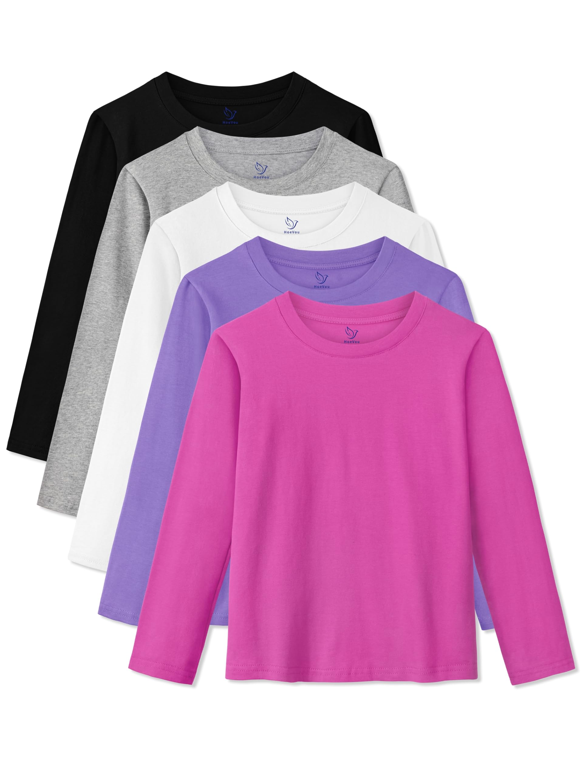 5 Pack Girls Long Sleeve Shirts Cotton T-Shirts Long-Sleeve Tagless Layering Tees for Youth Teen Girls 5-18 Years