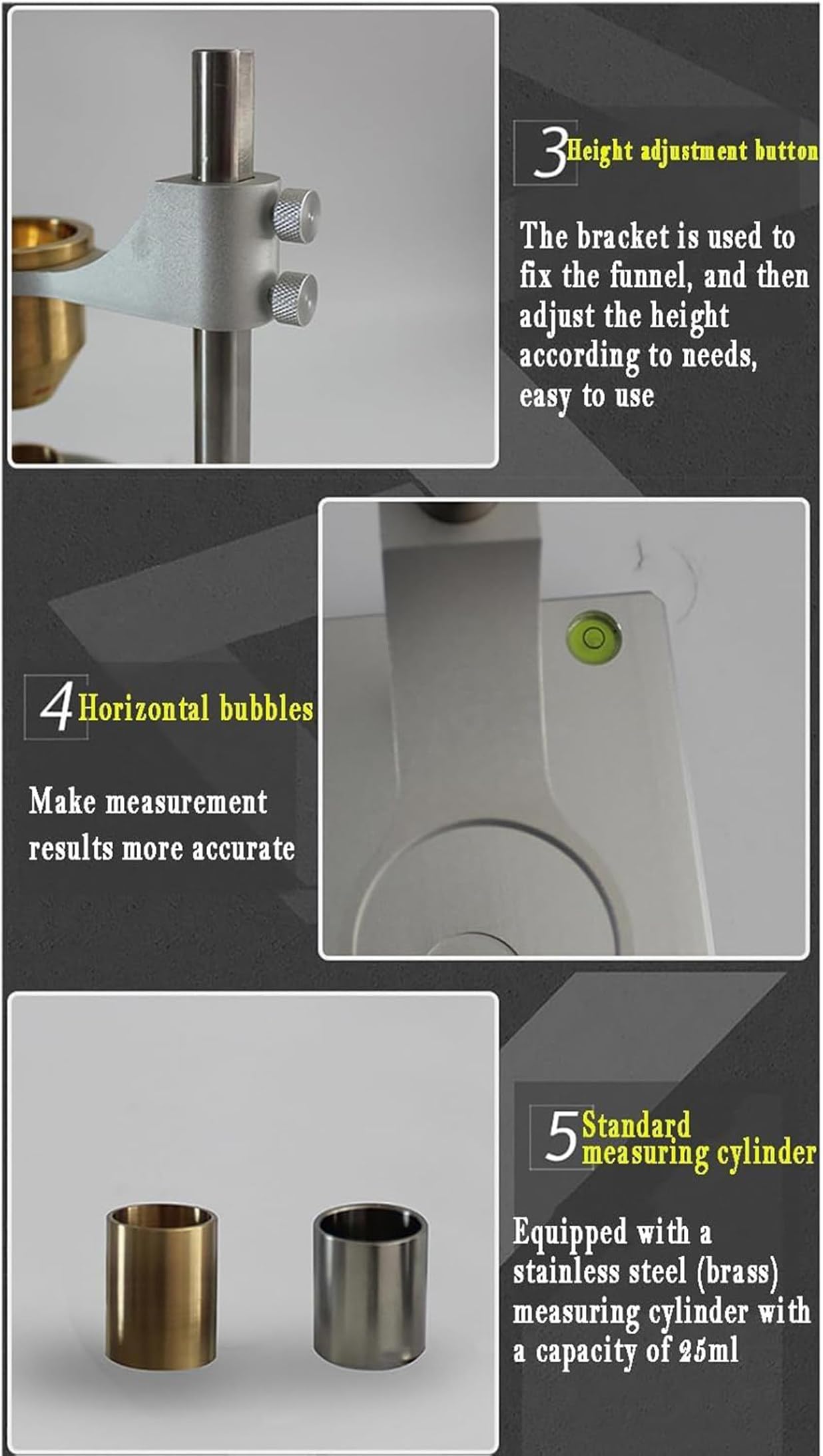 Misuratore di densità apparente e flussometro, flussometro Hall 2 in 1 con Imbuto da 2,5 mm e 5 mm per misurare la capacità di Flusso e la densità apparente, in Ottone.,Brass